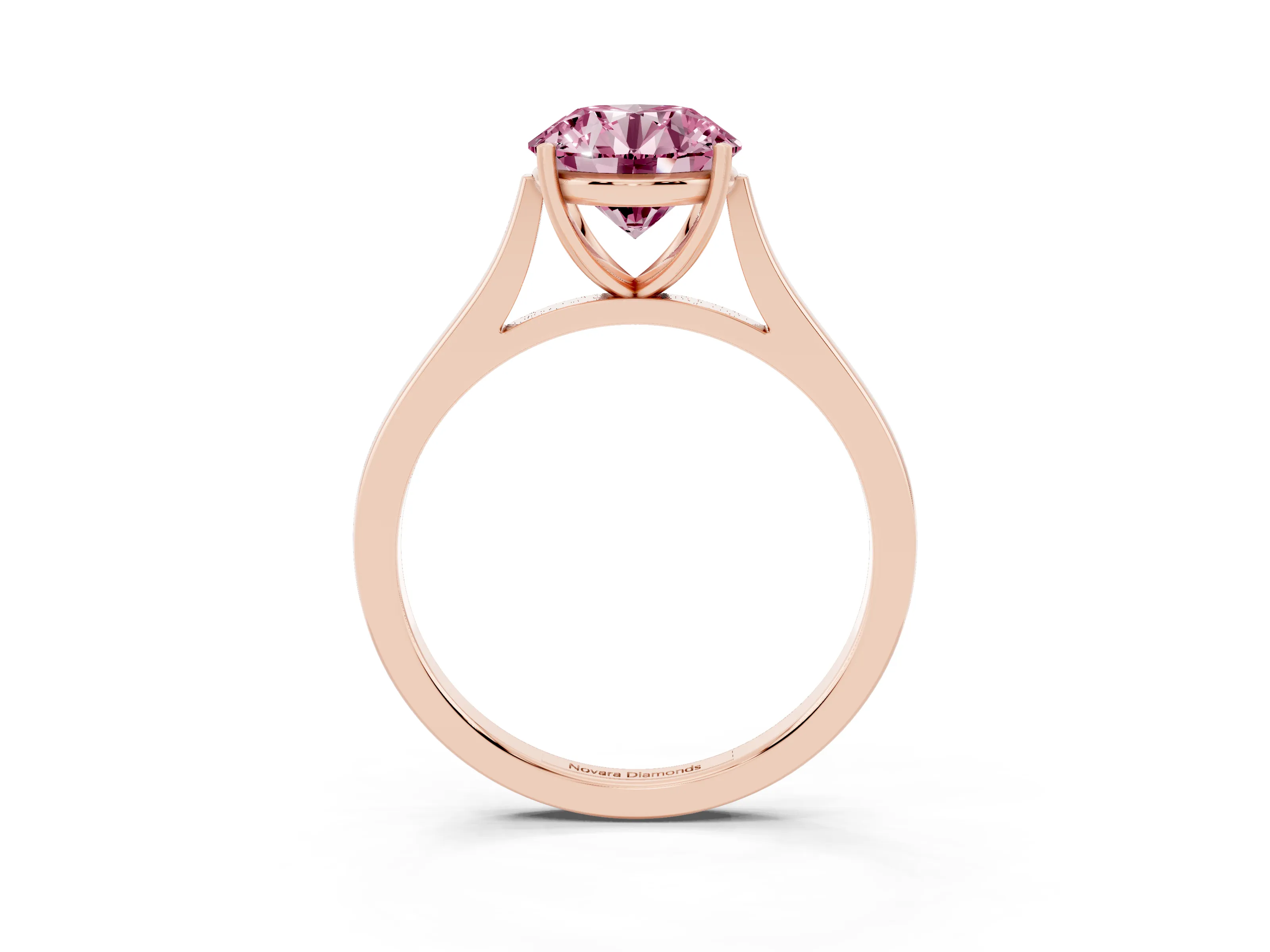 Fancy Pink Round Cut Diamond Solitaire Heart Prong Engagement Ring Set in Rose gold with Tapered Band