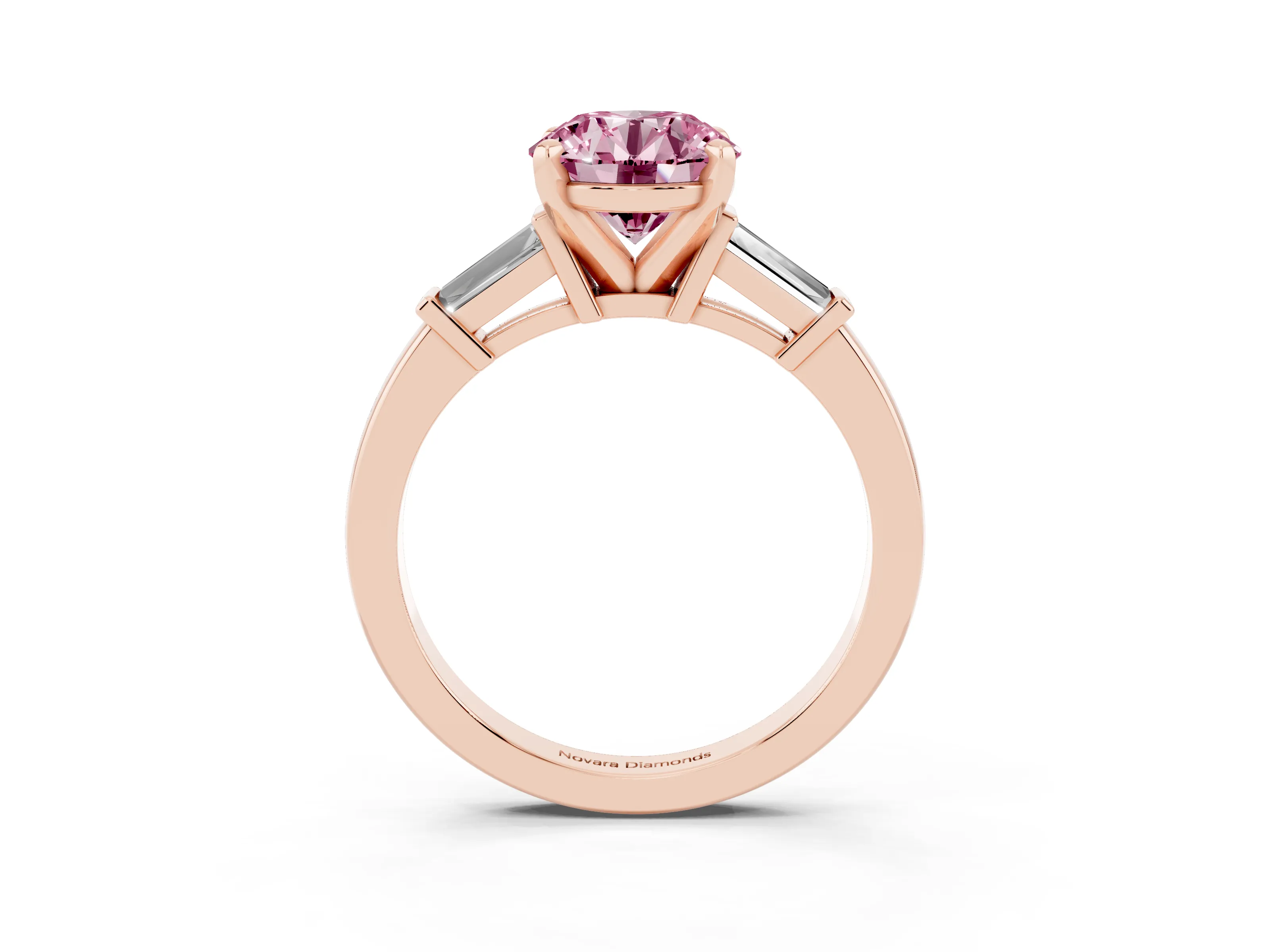 Fancy Pink Round Cut Diamond Solitaire Ring Set in Rose gold with Tapered Baguette Accents and Prong Setting