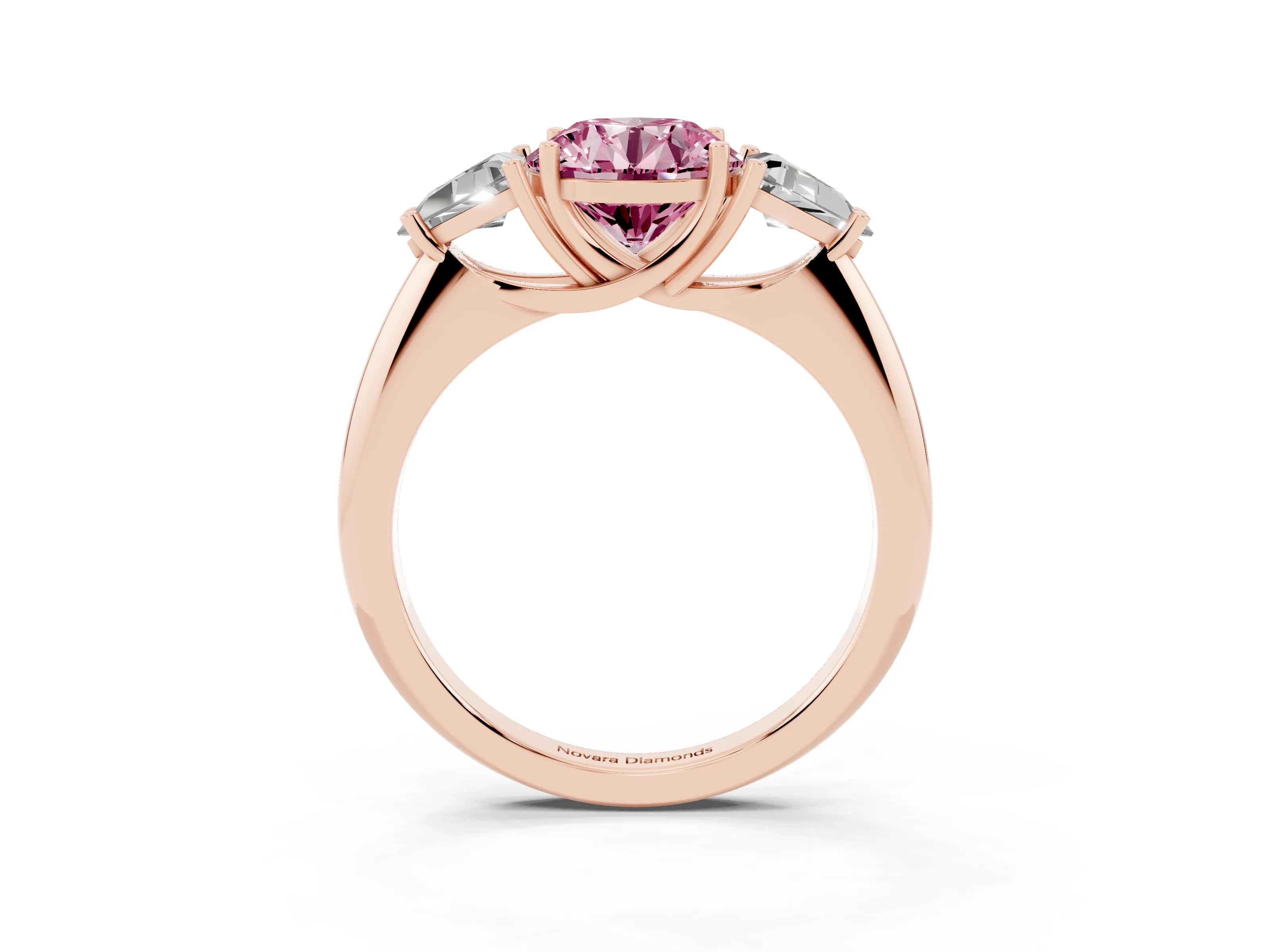 Fancy Pink Round Cut Diamond Three-Stone Engagement Ring Set in Rose gold with Trillion Side Stones