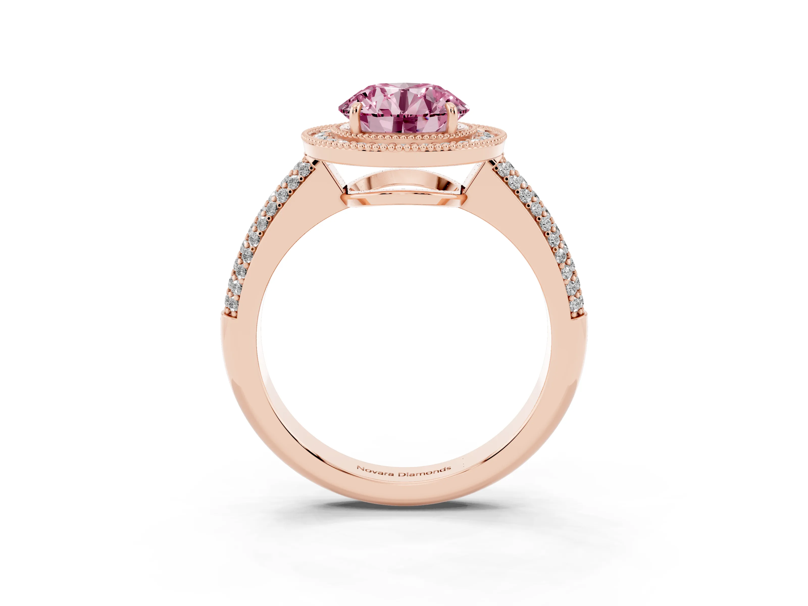Fancy Pink Round Cut Diamond Halo Pavé Band Set in Rose gold with Prong Setting