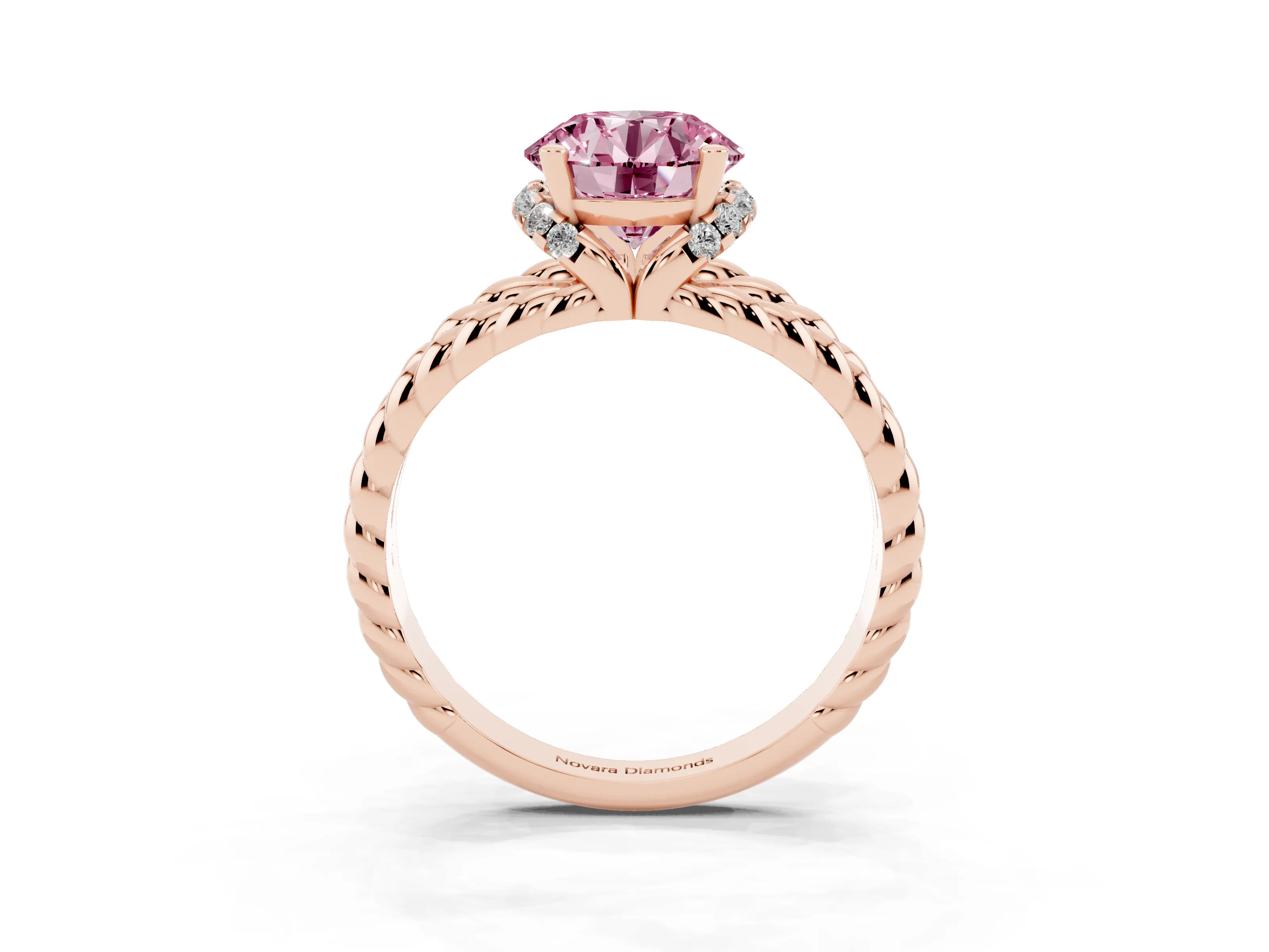 Fancy Pink Round Cut Diamond Halo Ring Set in Rose gold with Twisted Band and Prong Setting