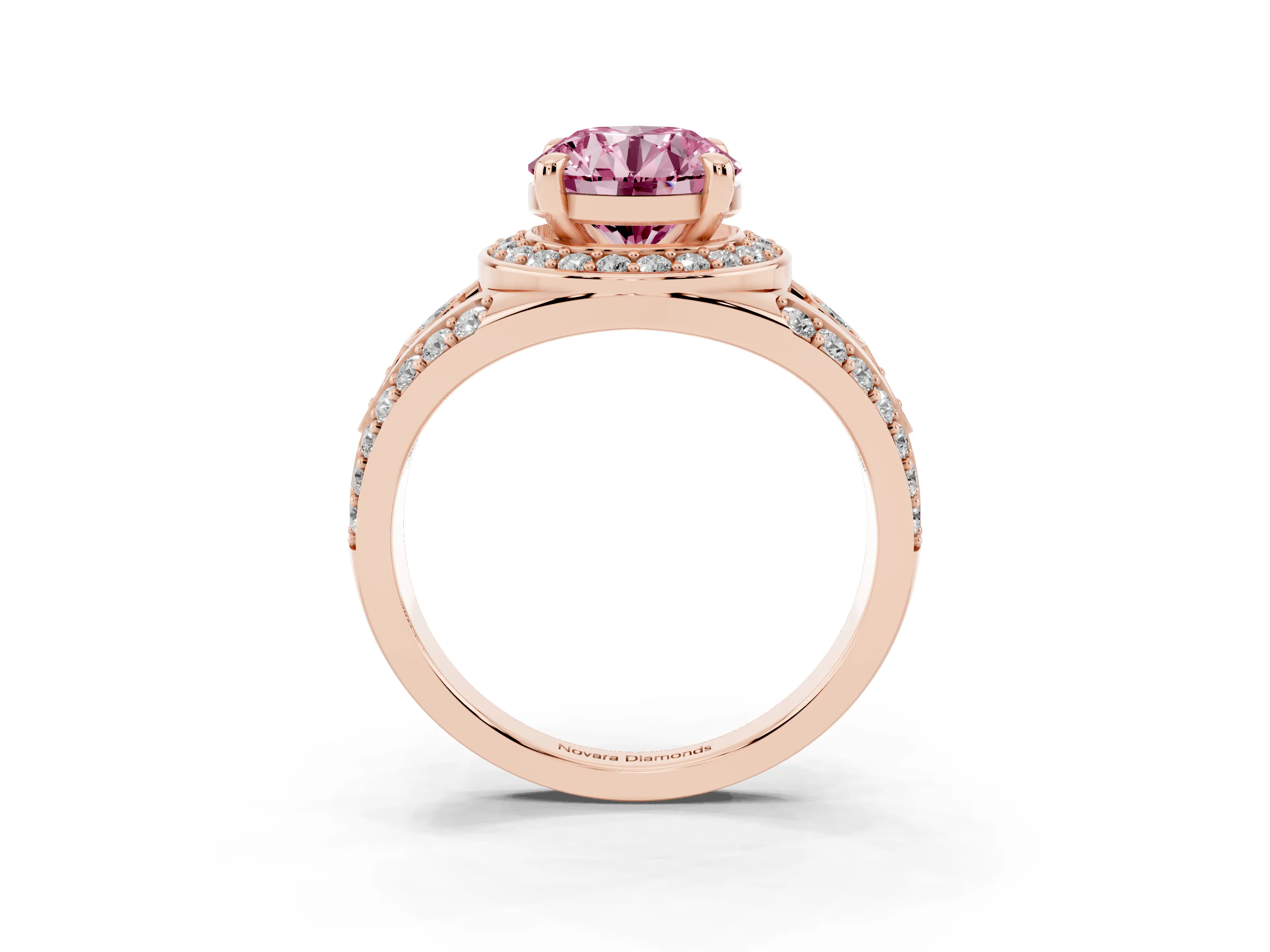 Fancy Pink Round Cut Diamond Halo Ring Set in Rose gold with Pavé Split Shank and Bezel Accents