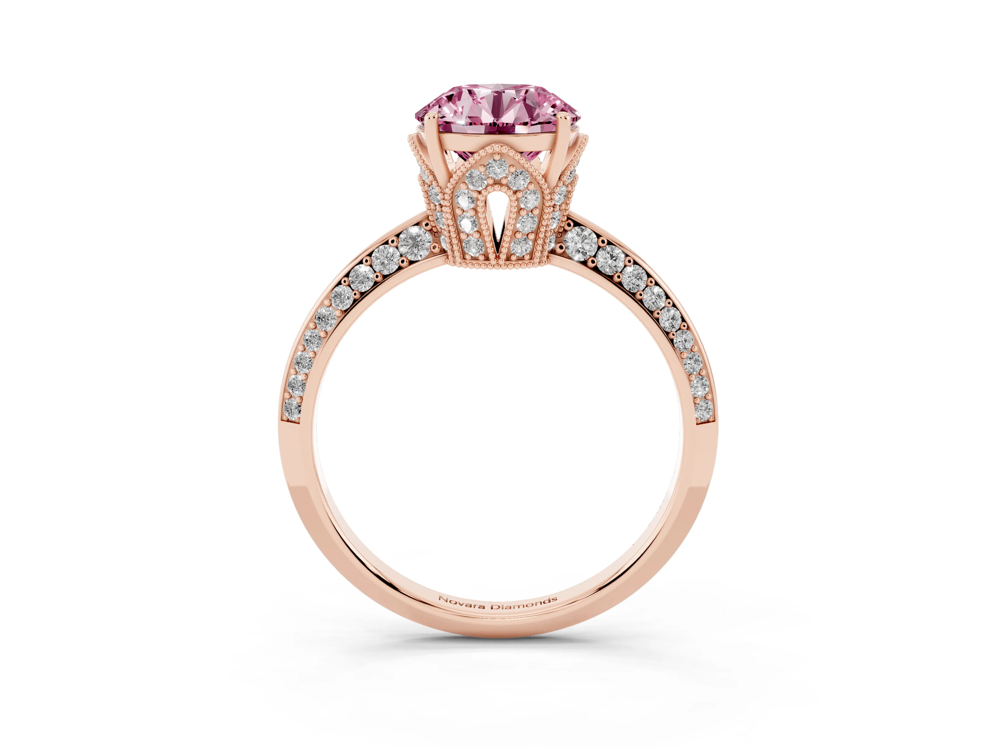 Fancy Pink Round Cut Diamond Solitaire Engagement Ring Set in Rose gold with Pavé Split Shank and Prong Setting