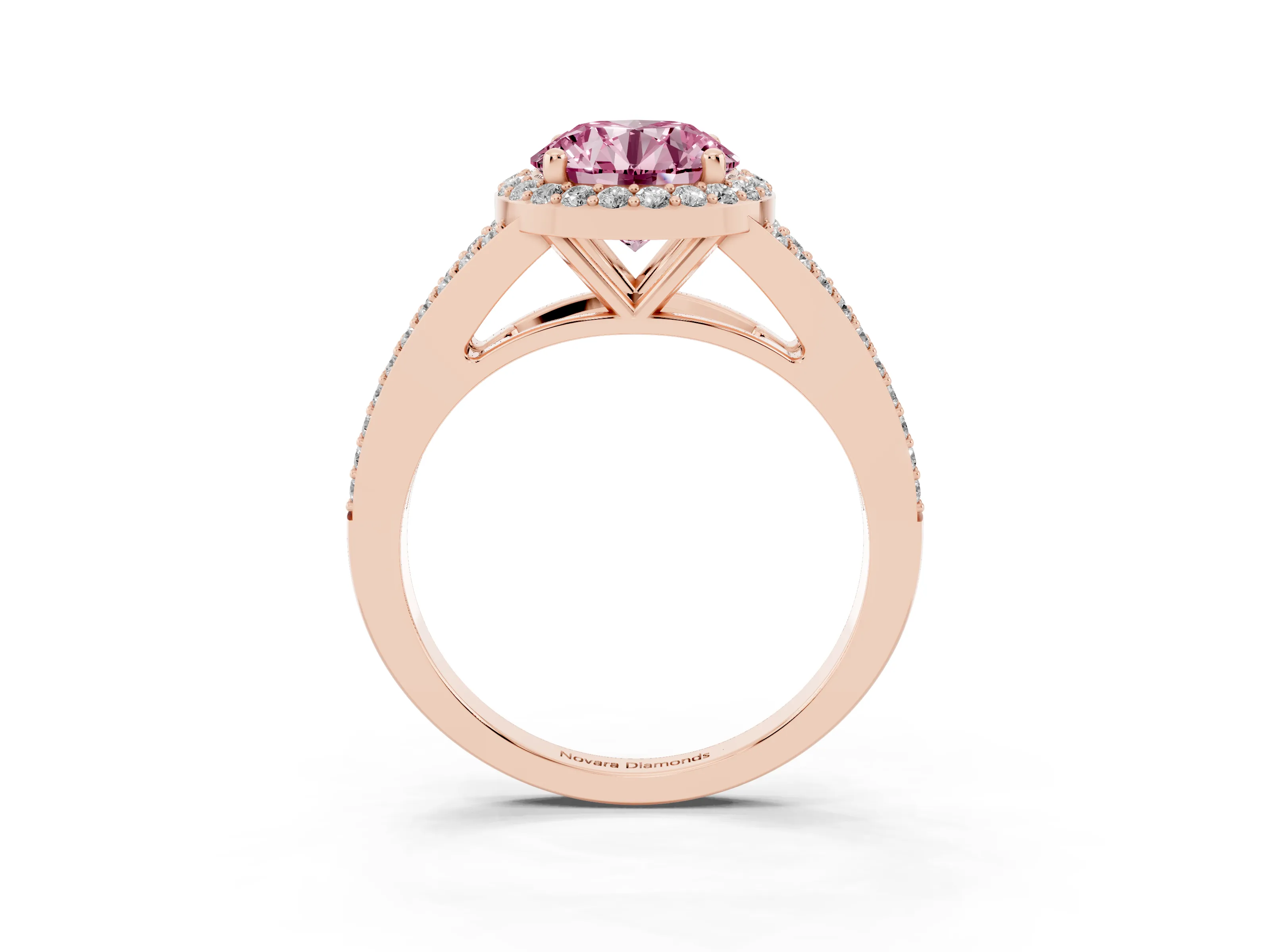 Fancy Pink Round Cut Diamond Halo Split Shank Pavé Ring Set in Rose gold with Prong Setting