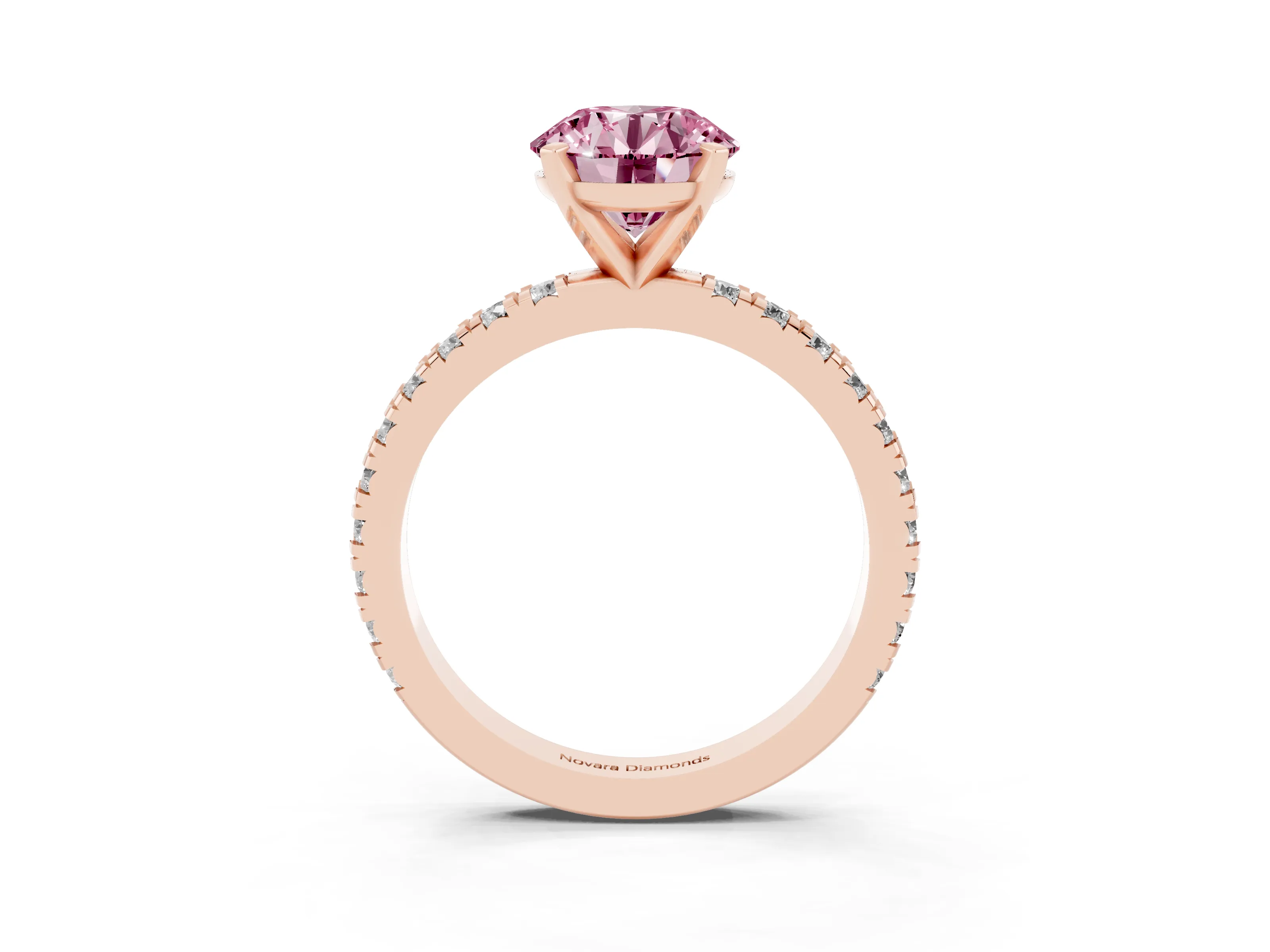 Fancy Pink Round Cut Diamond Pavé Band Solitaire Set in Rose gold with Prong Setting
