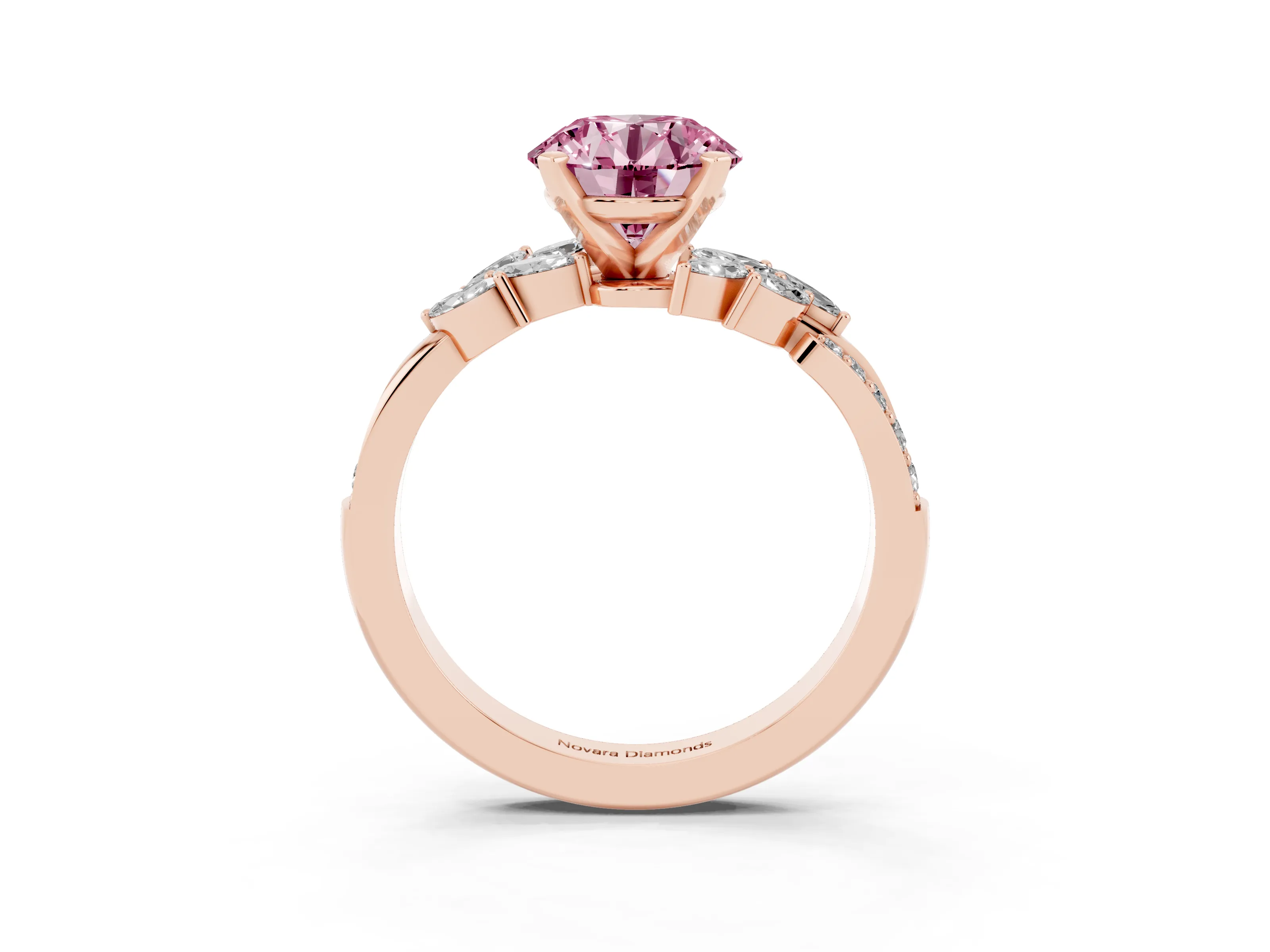 Fancy Pink Round Cut Diamond Solitaire Ring Set in Rose gold with Marquise Twist Band and Prong Setting