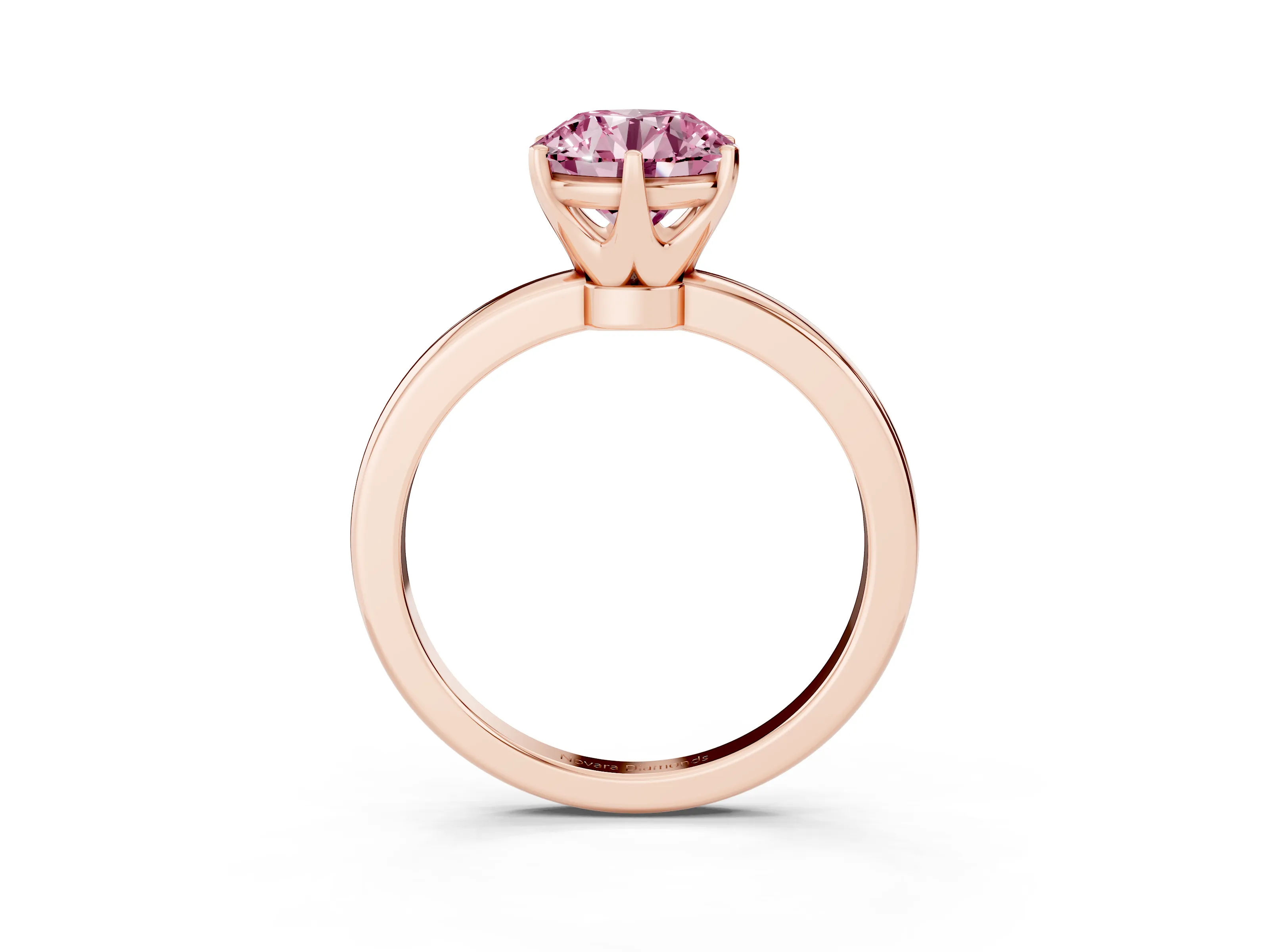 Fancy Pink Round Cut Diamond Solitaire Ring Set in Rose gold with Raised Prong Setting on a Classic Band