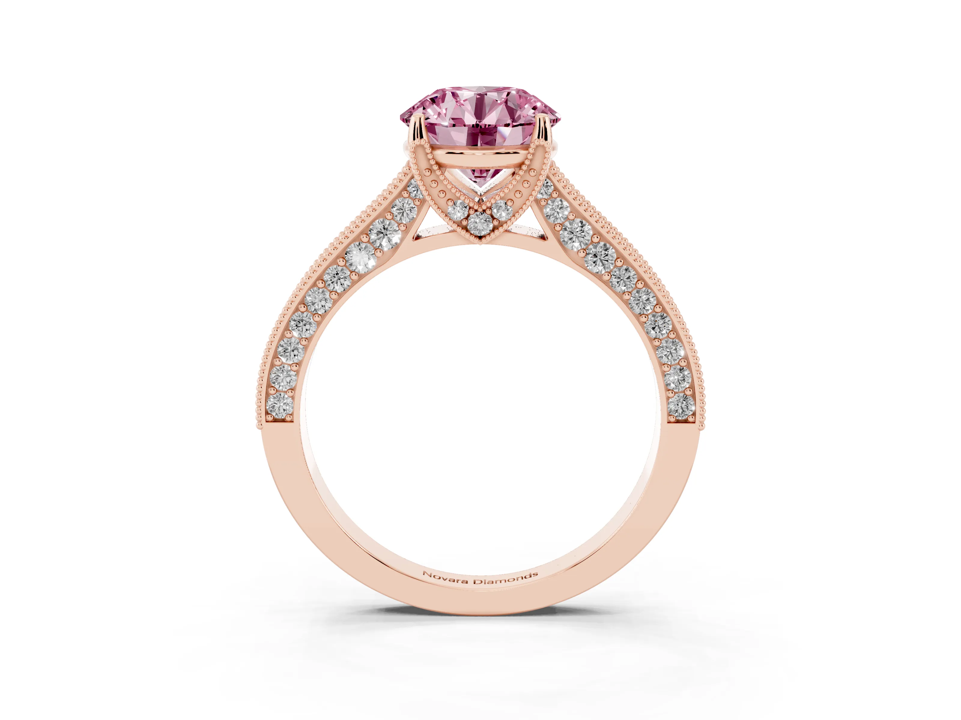 Fancy Pink Round Cut Diamond Solitaire Ring Set in Rose gold with Milgrain-Edged Pavé Band and Prong Setting