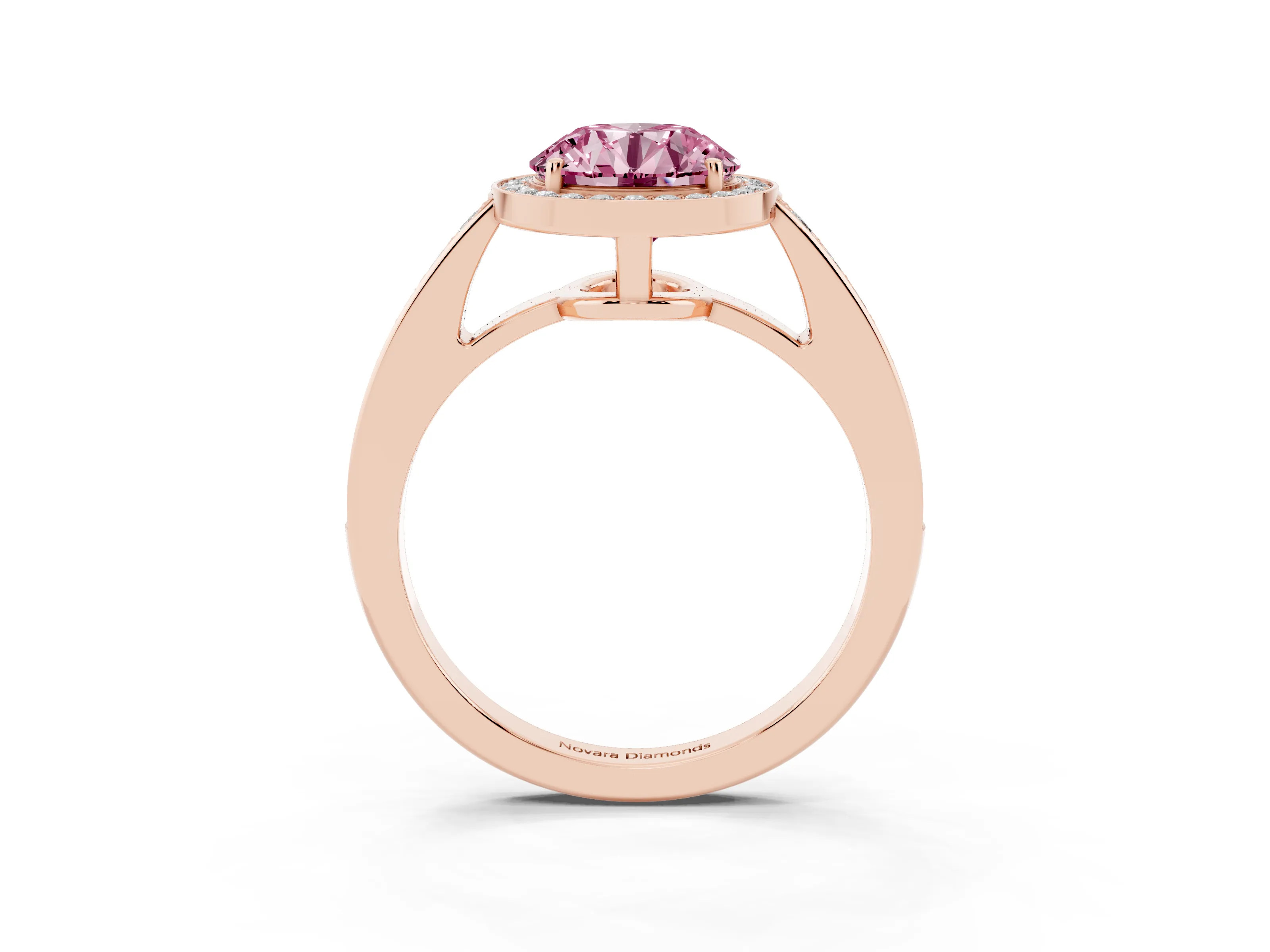Fancy Pink Round Cut Diamond Halo Pavé Engagement Ring Set in Rose gold with Bezel Setting