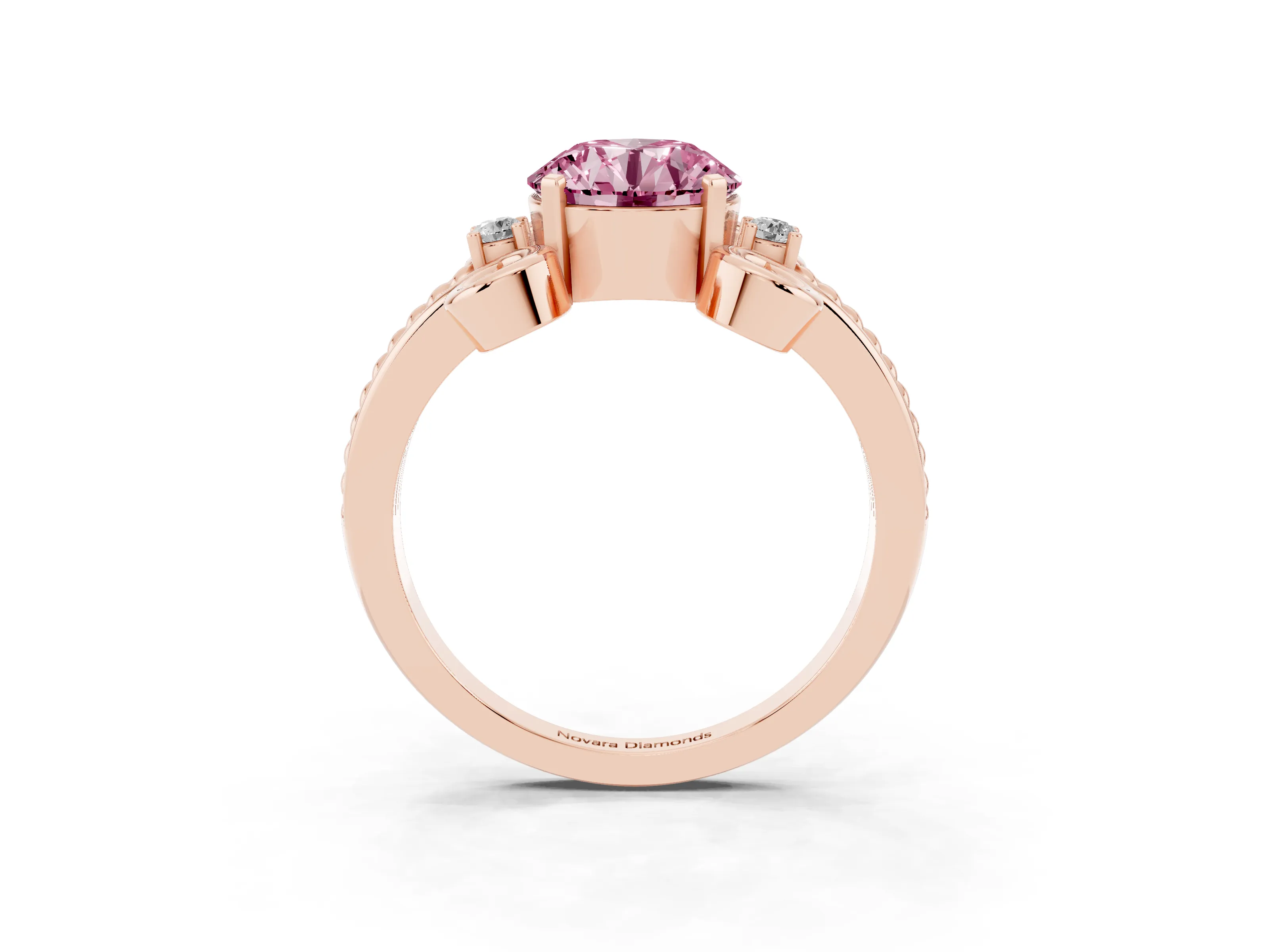 Fancy Pink Round Cut Diamond Twisted Band Solitaire Ring Set in Rose gold with Scroll Prongs
