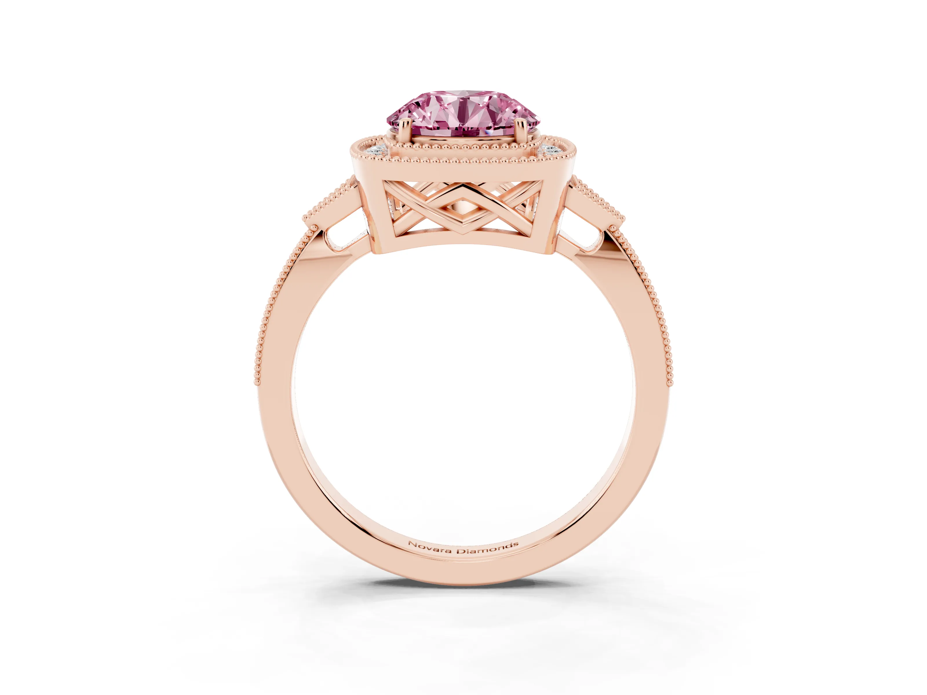 Fancy Pink Round Cut Diamond Halo Engagement Ring Set in Rose gold with Milgrain Pavé Band