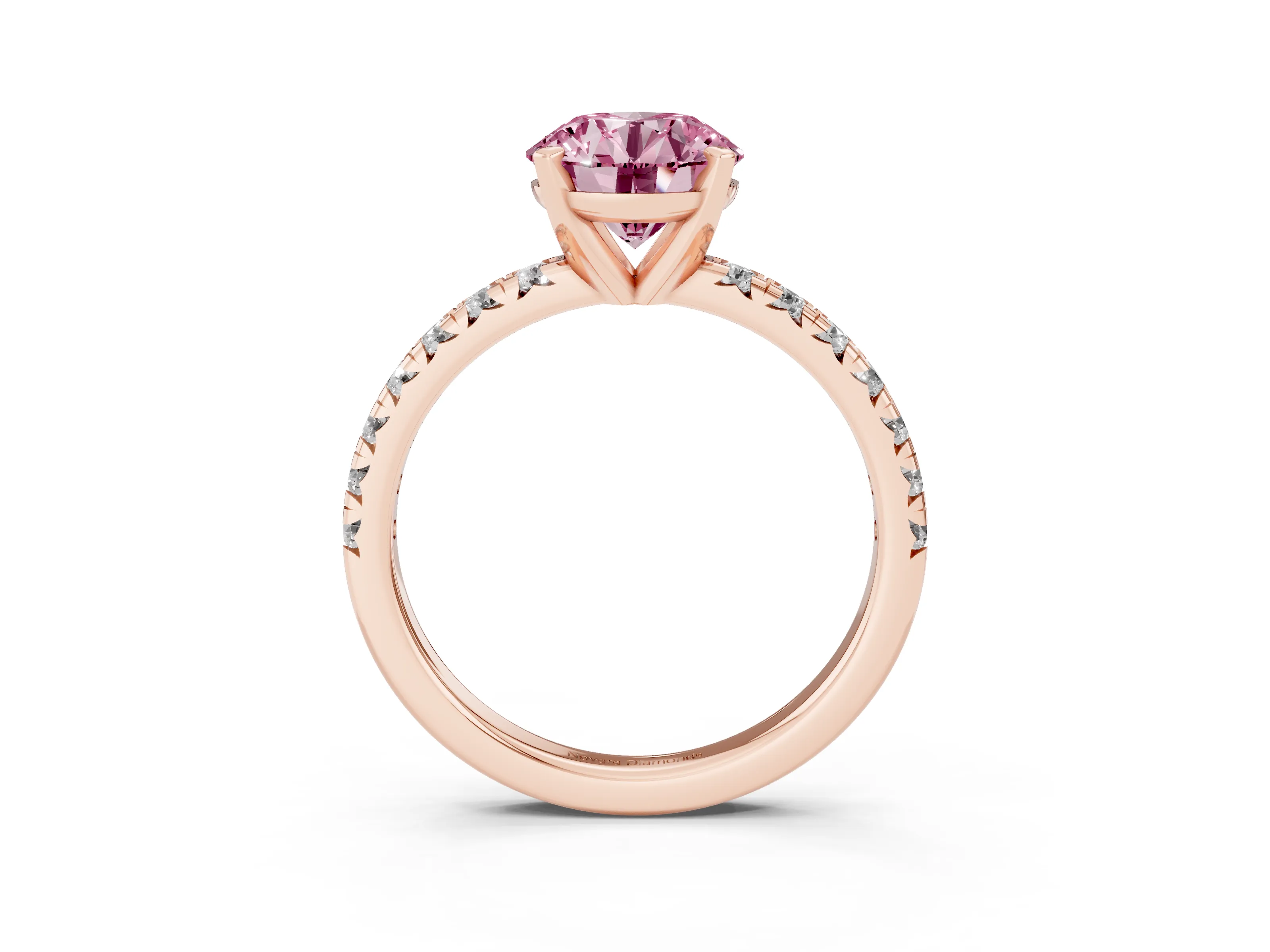 Fancy Pink Round Cut Diamond Solitaire Pavé Engagement Ring Set in Rose gold with Round Band and Prong Setting