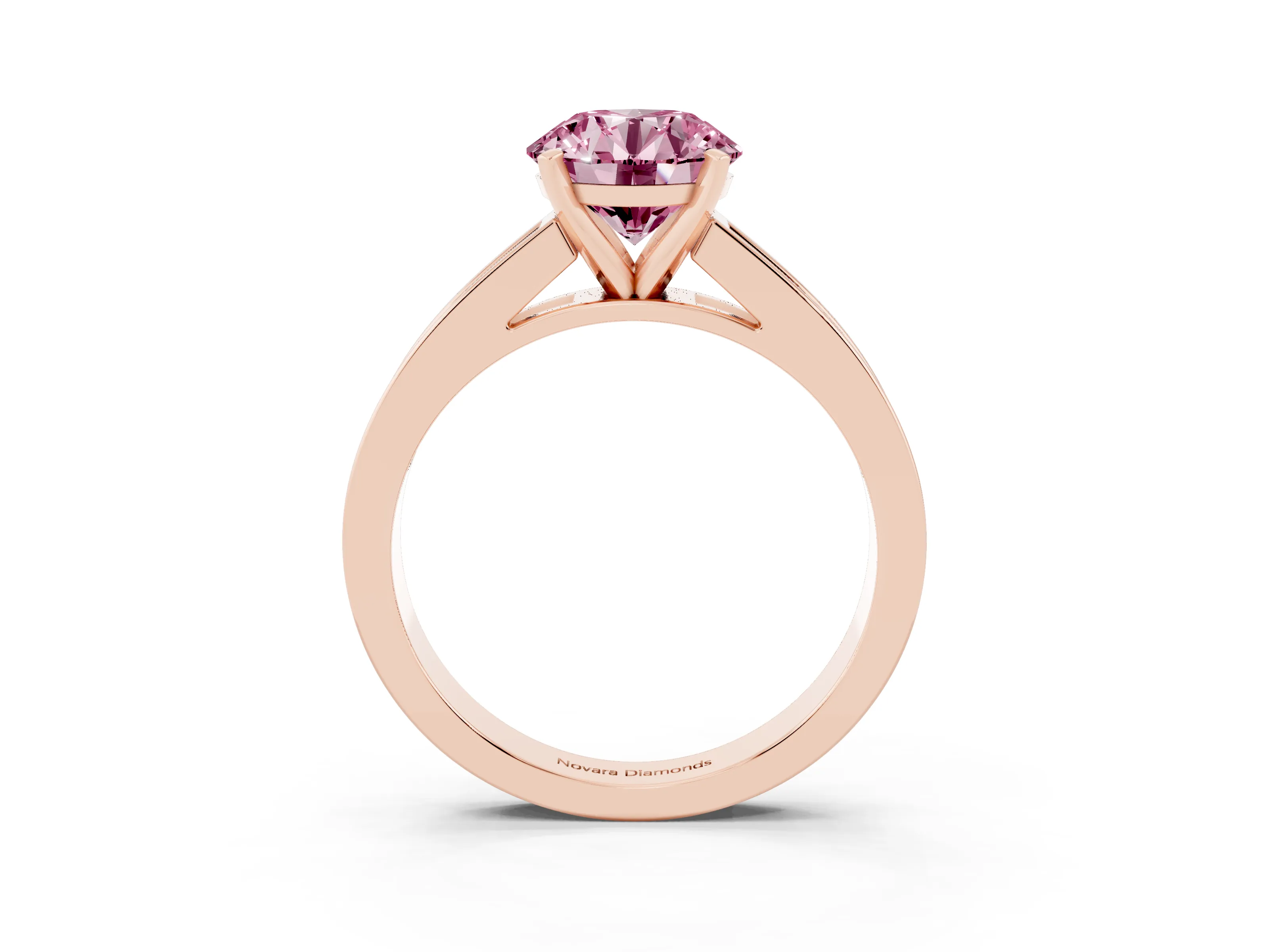 Fancy Pink Round Cut Diamond Solitaire Ring Set in Rose gold with Channel-Set Band and Prong Setting
