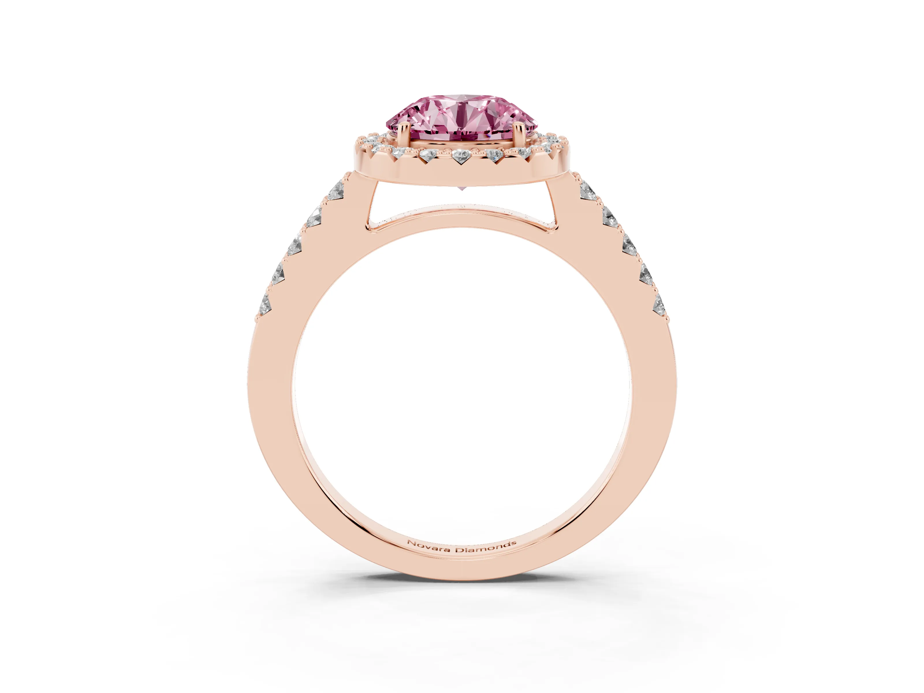 Fancy Pink Round Cut Diamond Halo Pavé Solitaire Ring Set in Rose gold with Prong-Set Center Stone