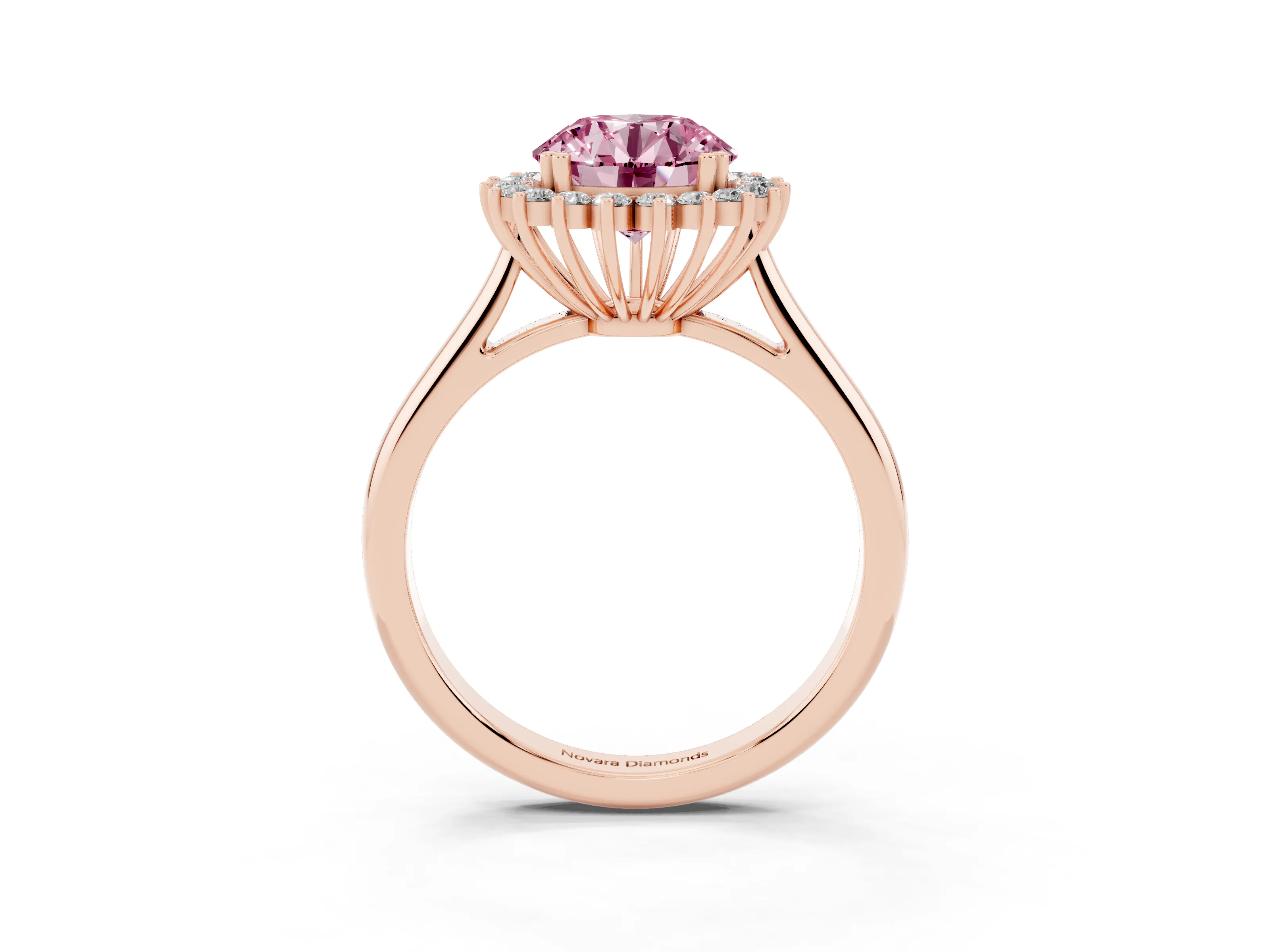 Fancy Pink Round Cut Diamond Halo Ring Set in Rose gold with Plain Solitaire Band and Prong Setting