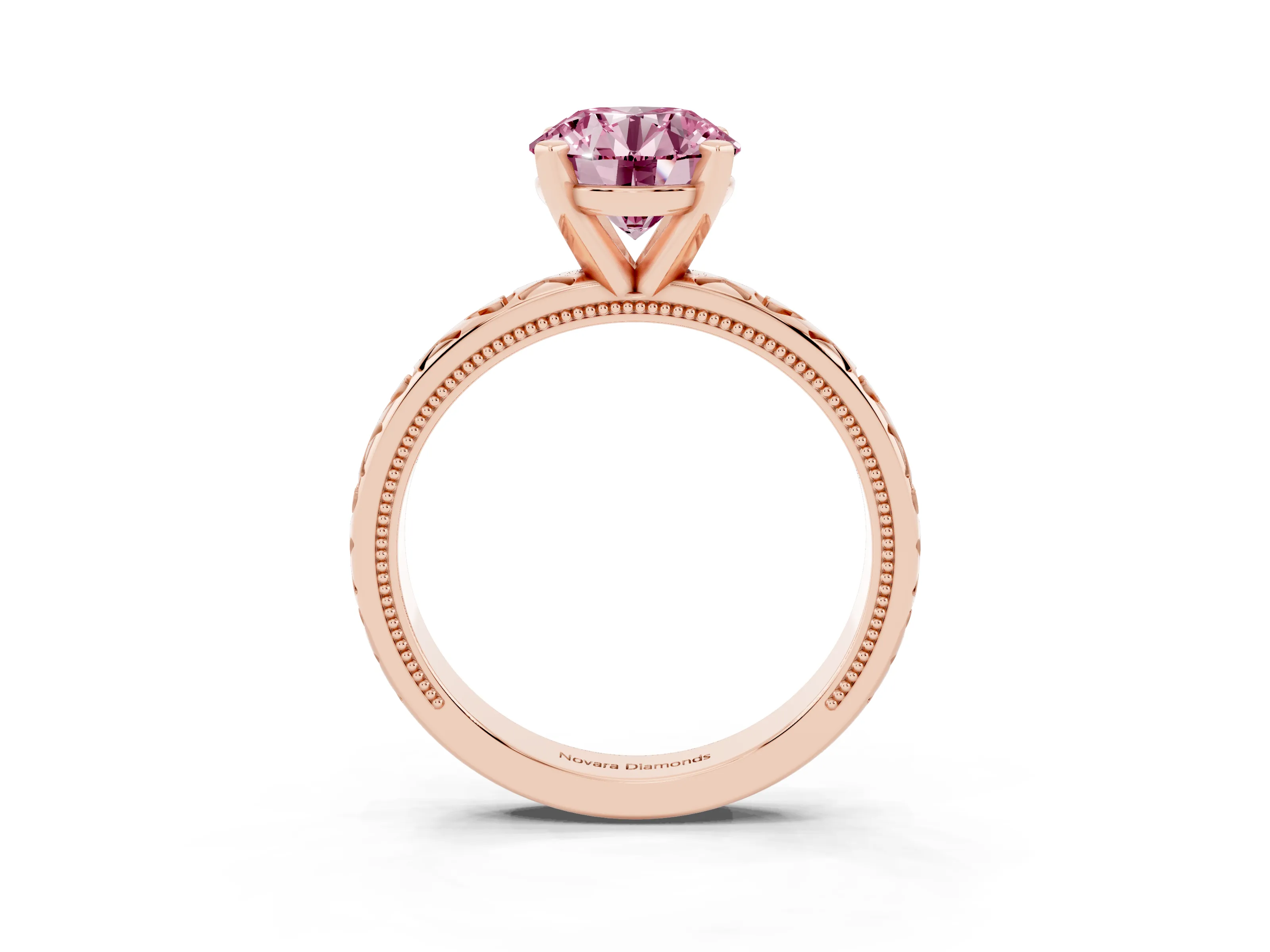 Fancy Pink Round Cut Diamond Solitaire Engagement Ring Set in Rose gold with XO Engraved Band and Prong Setting