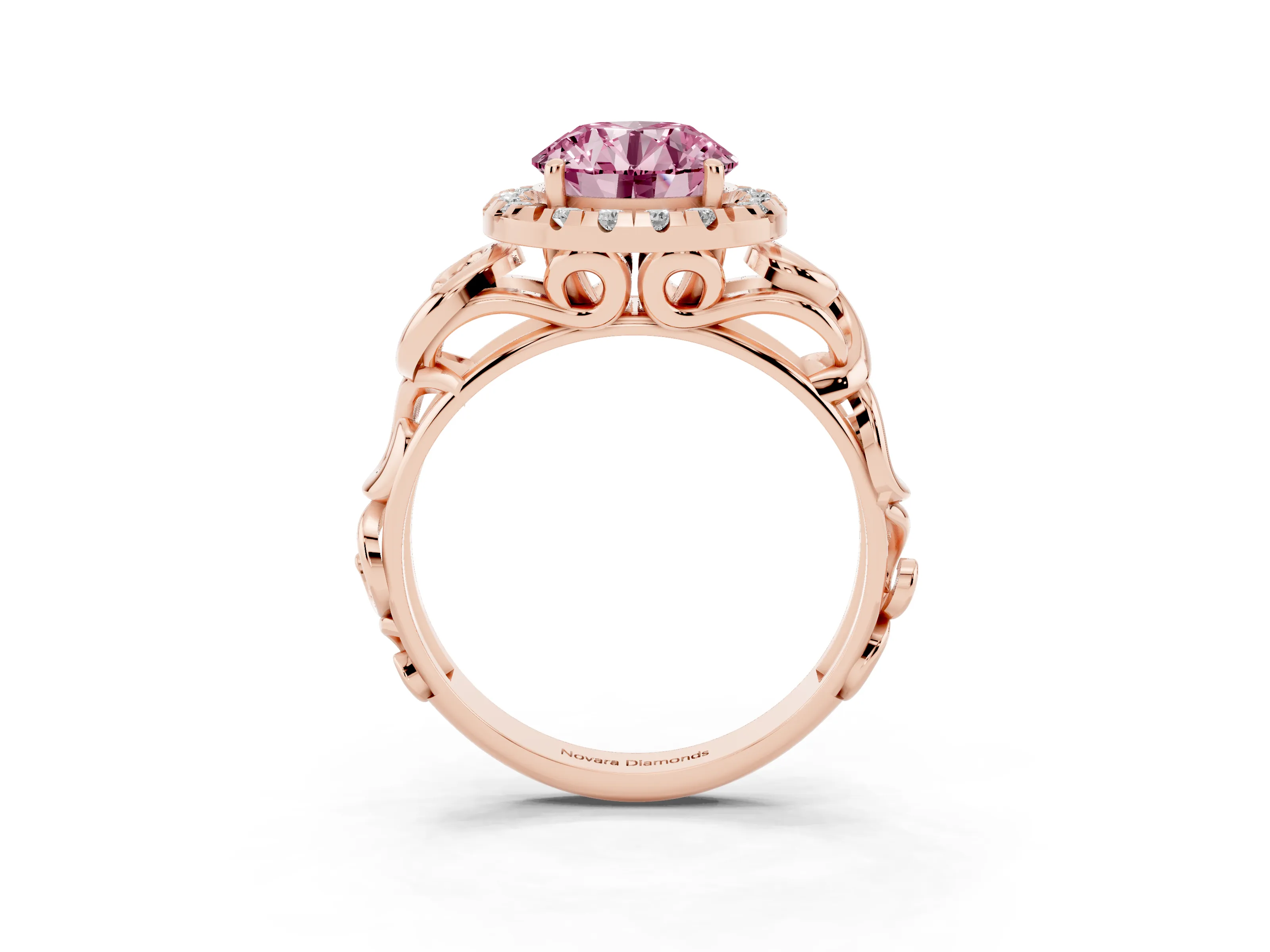 Fancy Pink Round Cut Diamond Halo Ring Set in Rose gold with Scrollwork Band and Prong Setting