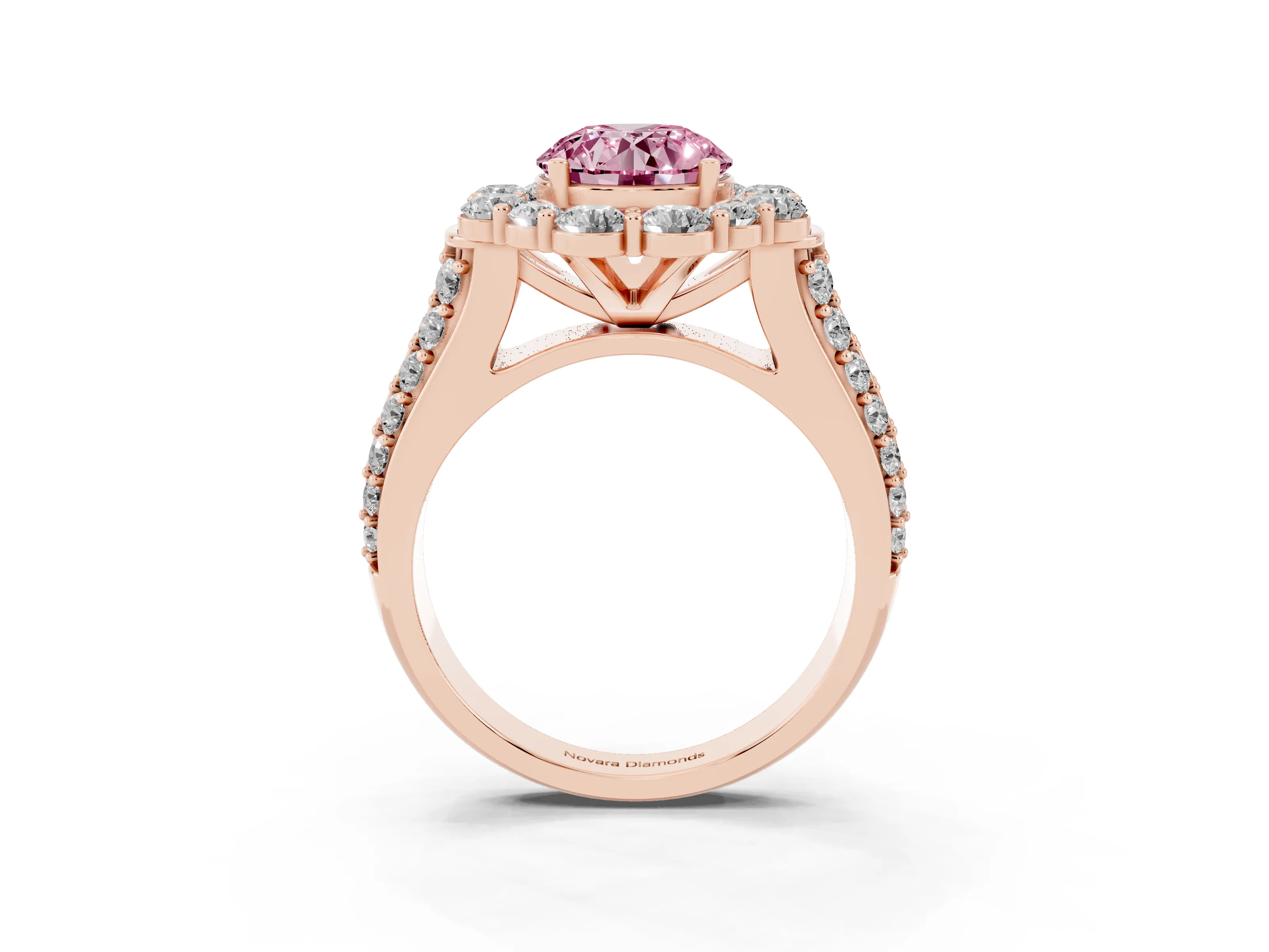 Fancy Pink Round Cut Diamond Halo Engagement Ring Set in Rose gold with Split Shank and Prong Setting