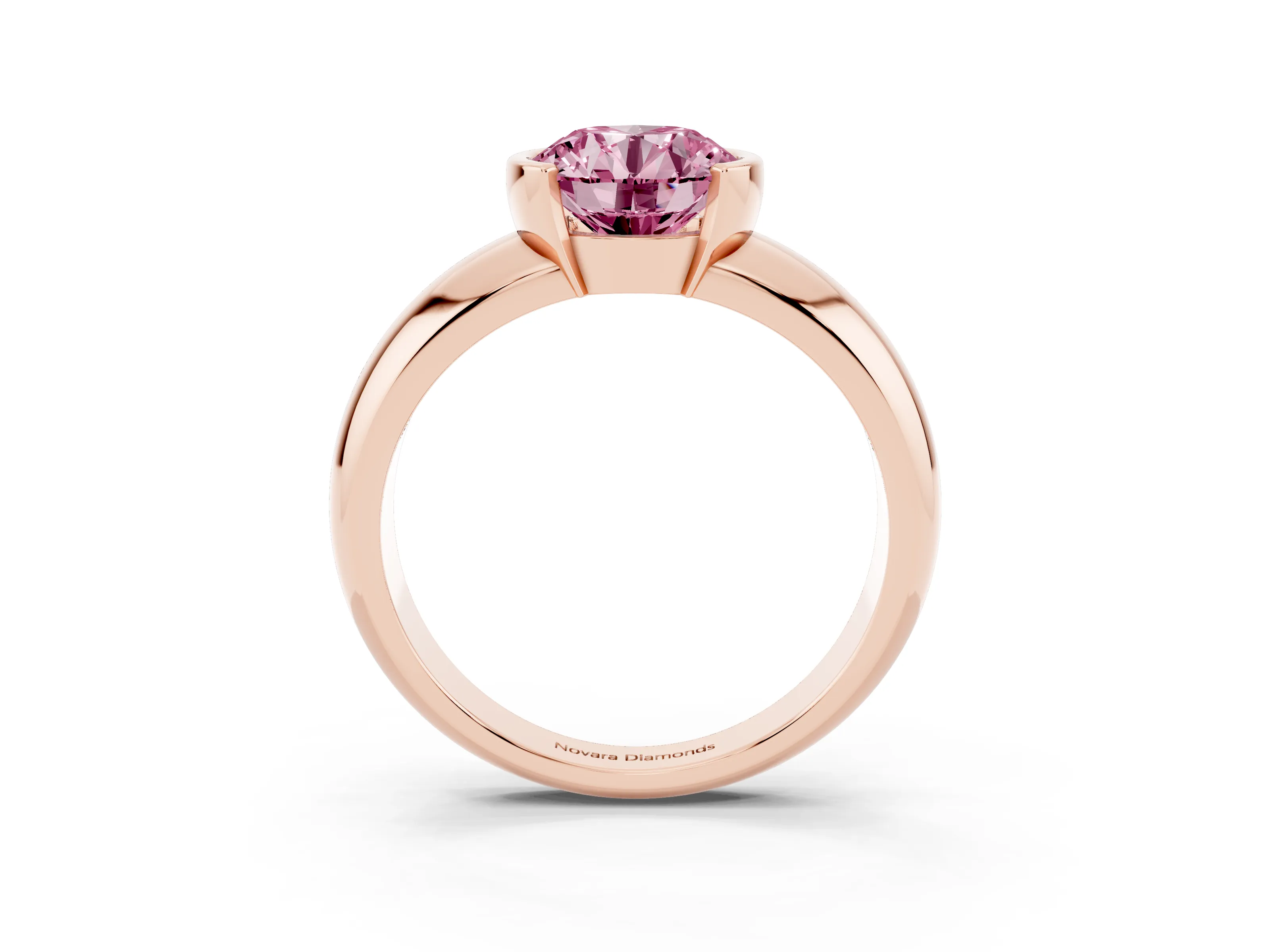 Fancy Pink Round Cut Diamond Solitaire Tension Set Ring Set in Rose gold with Wide Band