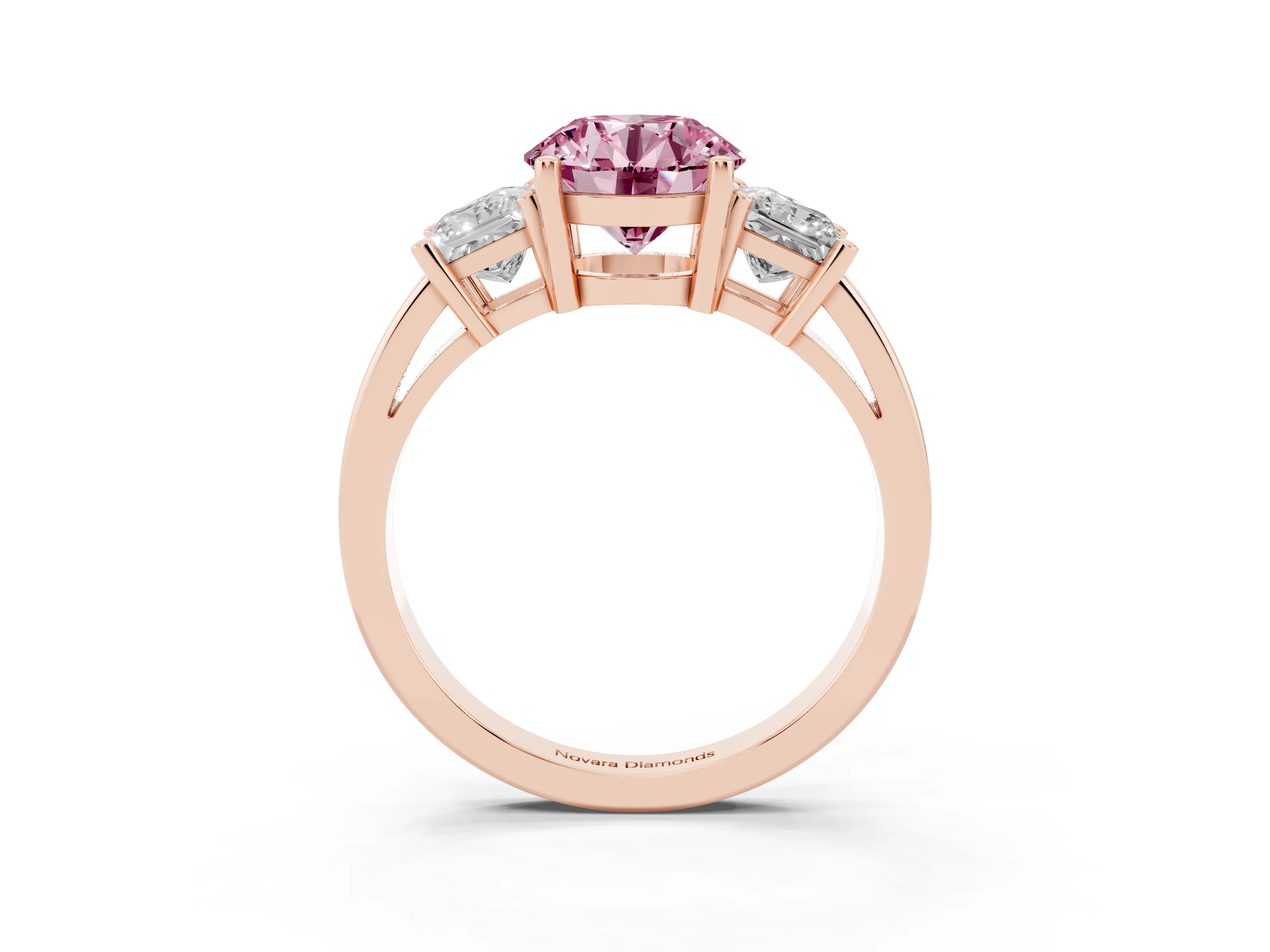 Fancy Pink Three-Stone Round Cut Diamond Solitaire Ring Set in Rose gold with Prong Setting