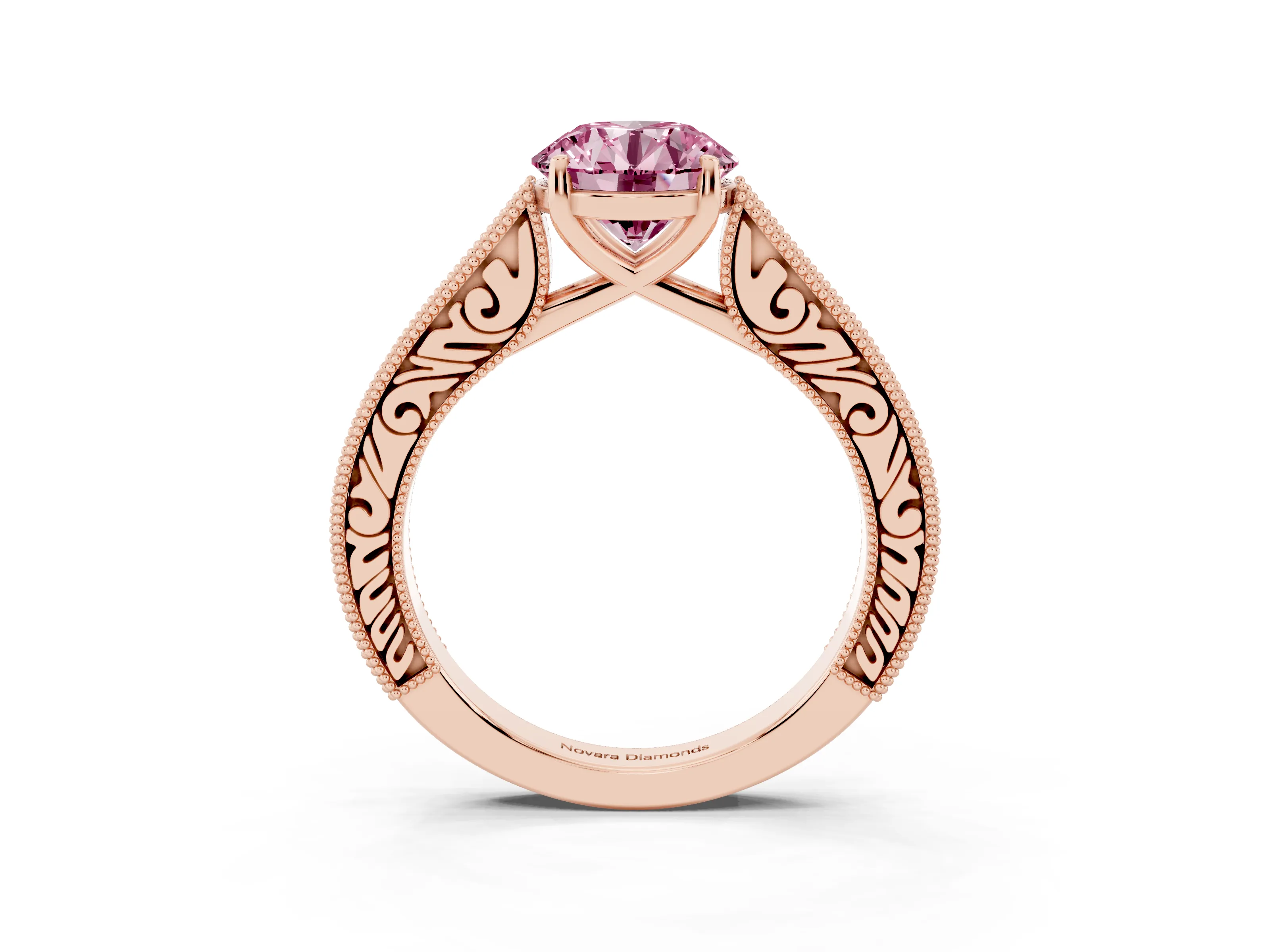 Fancy Pink Round Cut Diamond Milgrain Pavé Band Solitaire Ring Set in Rose gold with Prong Setting