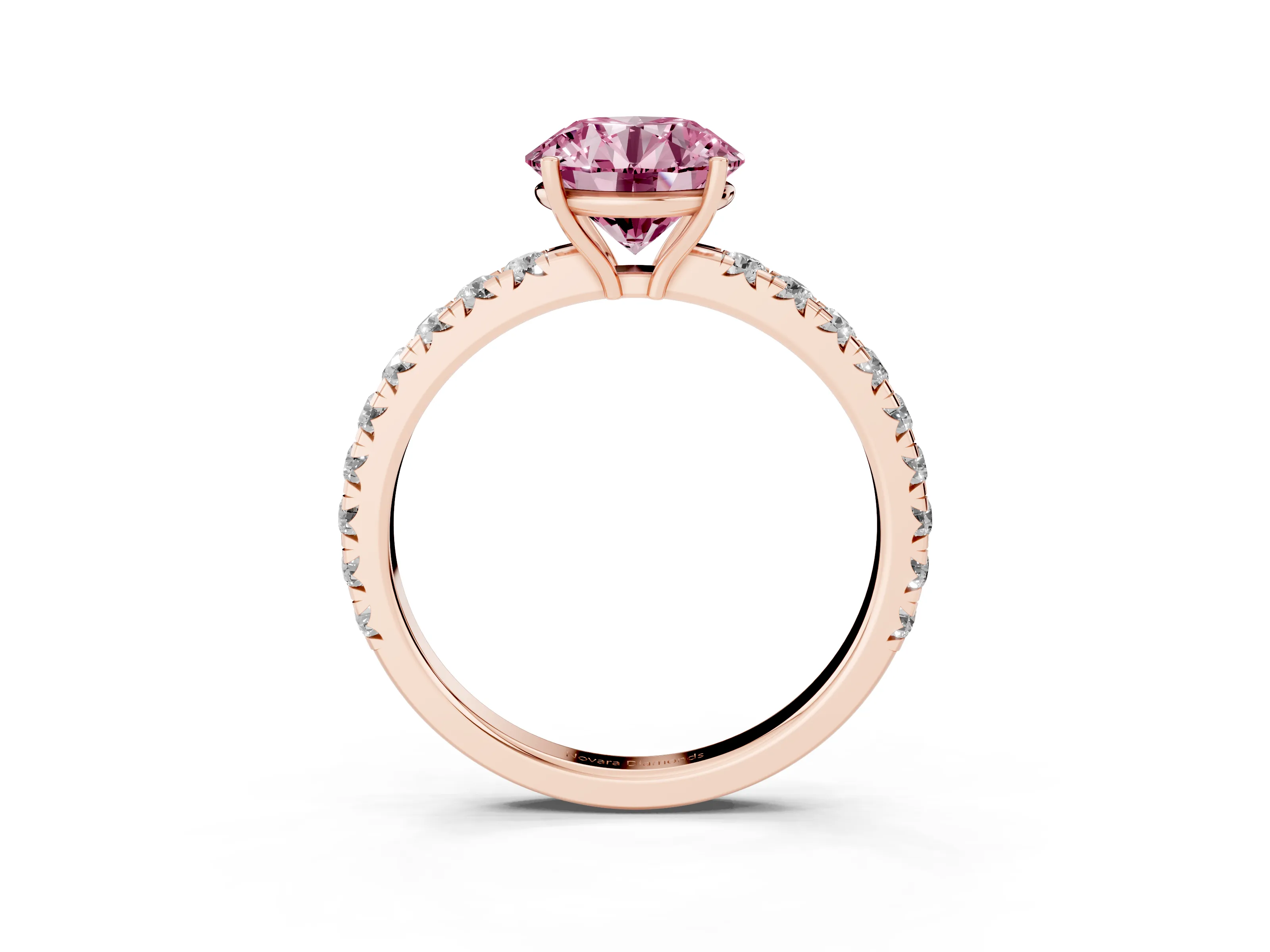 Fancy Pink Round Cut Diamond Pavé Solitaire Engagement Ring Set in Rose gold with Prong Setting