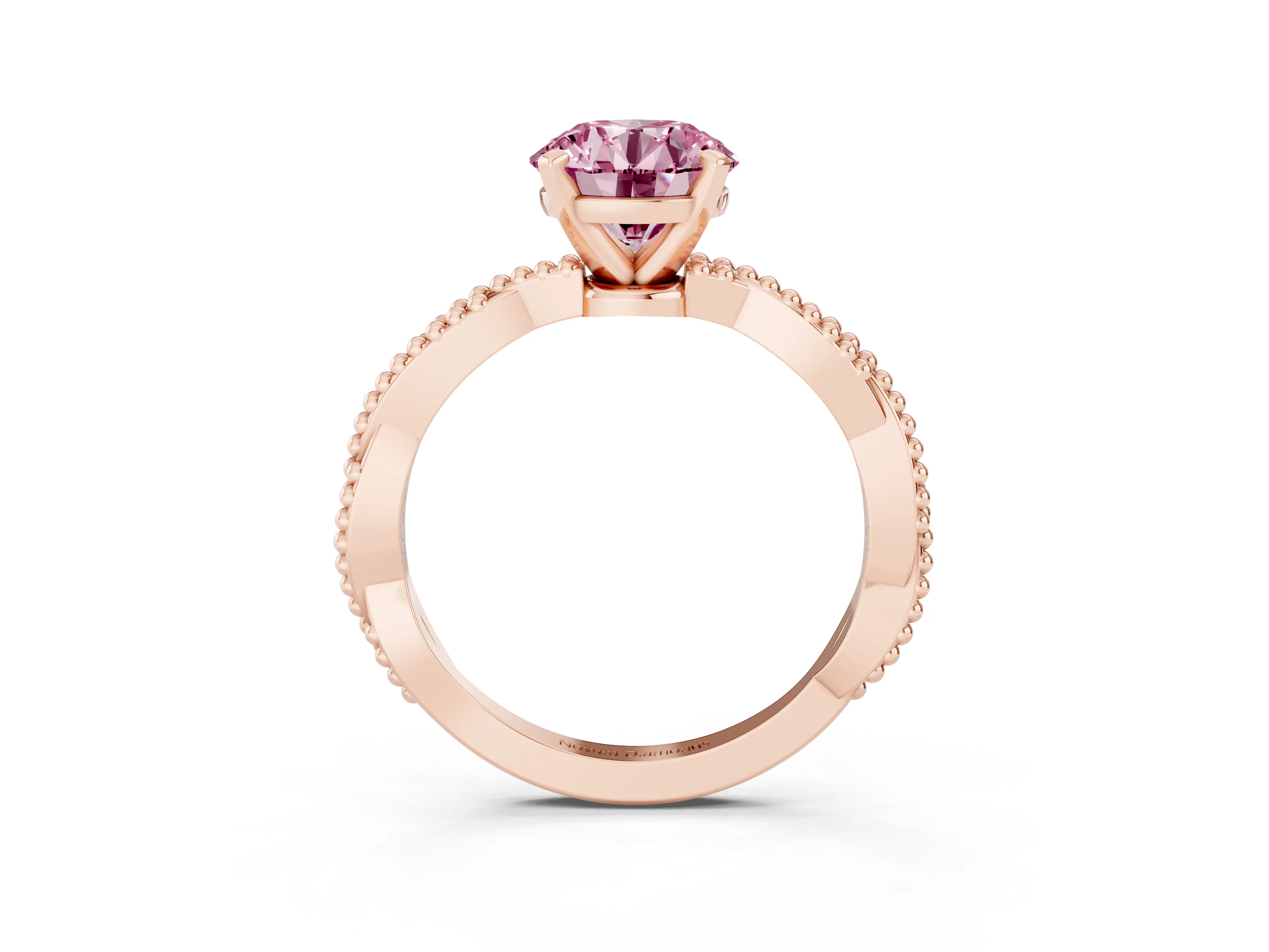 Fancy Pink Round Cut Diamond Solitaire Ring Set in Rose gold with Twisted Band and Bead Prong Setting