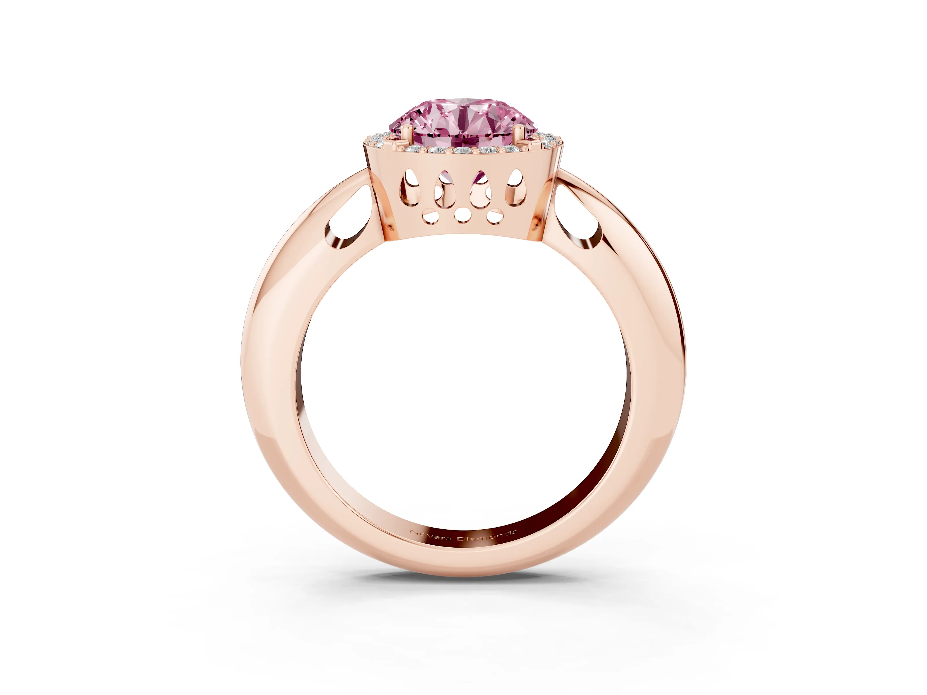 Fancy Pink Round Cut Diamond Halo Engagement Ring Set in Rose gold with Plain Split Shank and Prong Setting