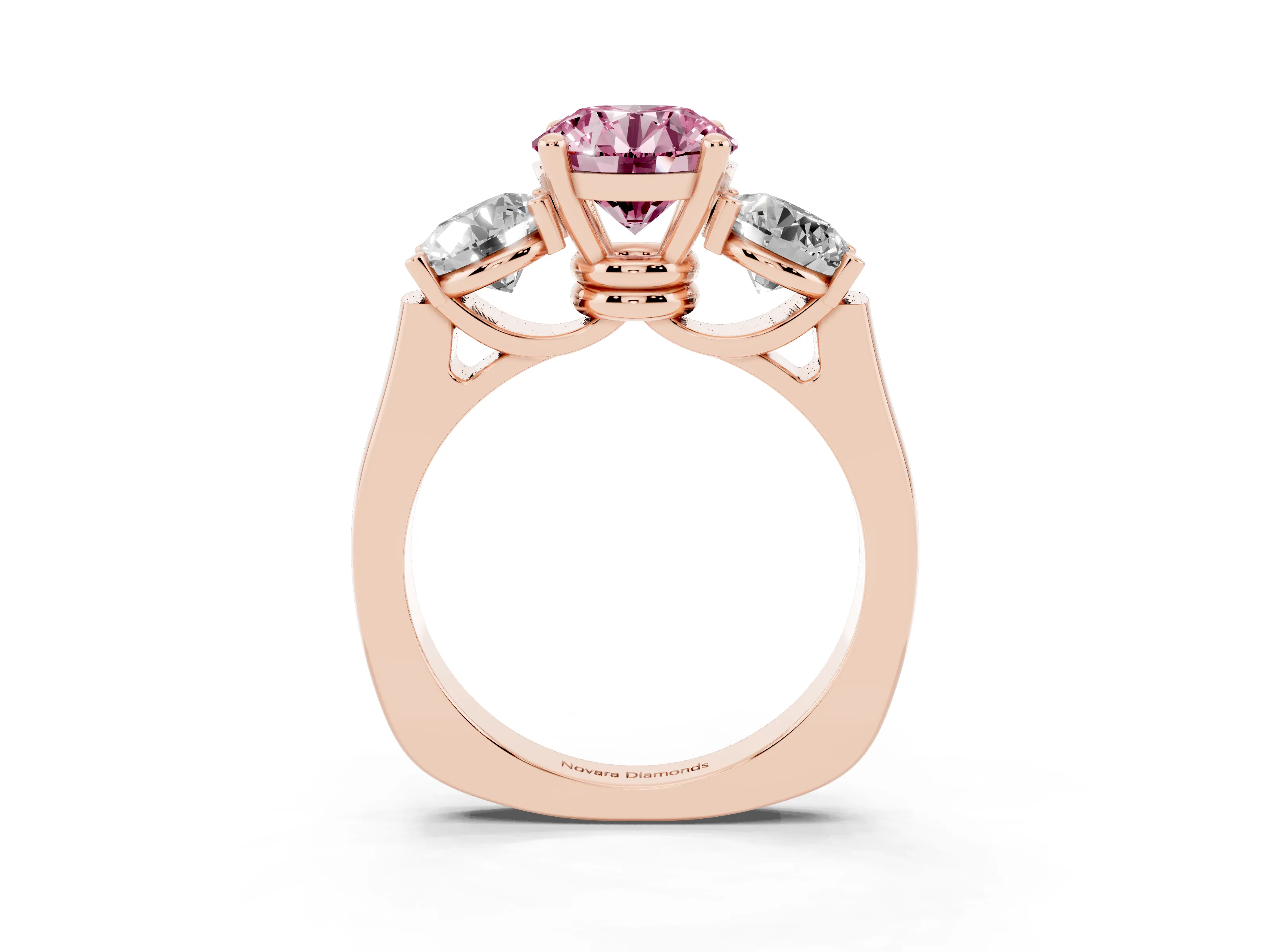 Fancy Pink Round Cut Diamond Three-Stone Trellis Ring Set in Rose gold with Comfort Fit Band