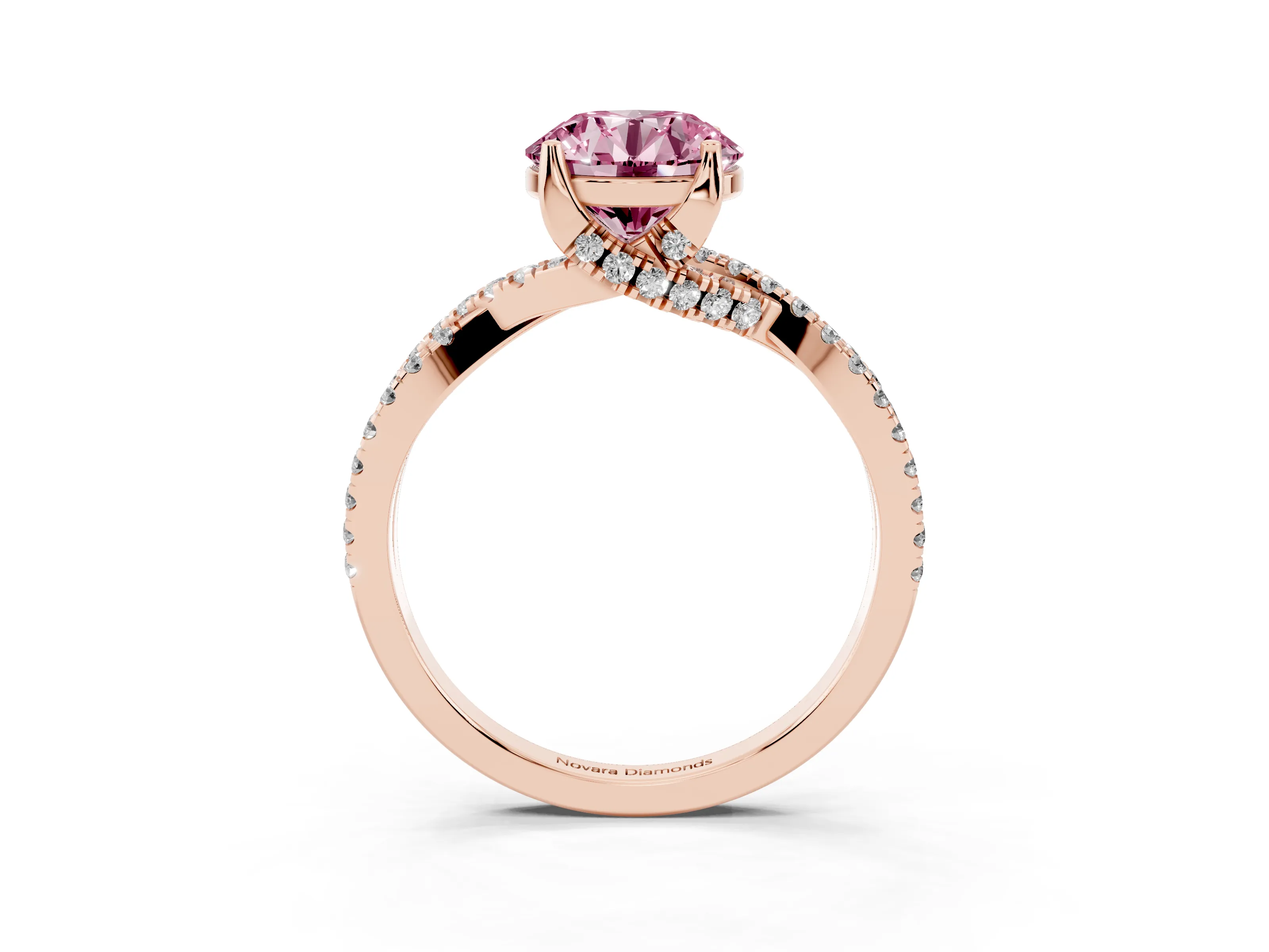 Fancy Pink Round Cut Diamond Twist Pavé Solitaire Engagement Ring Set in Rose gold with Prong Setting