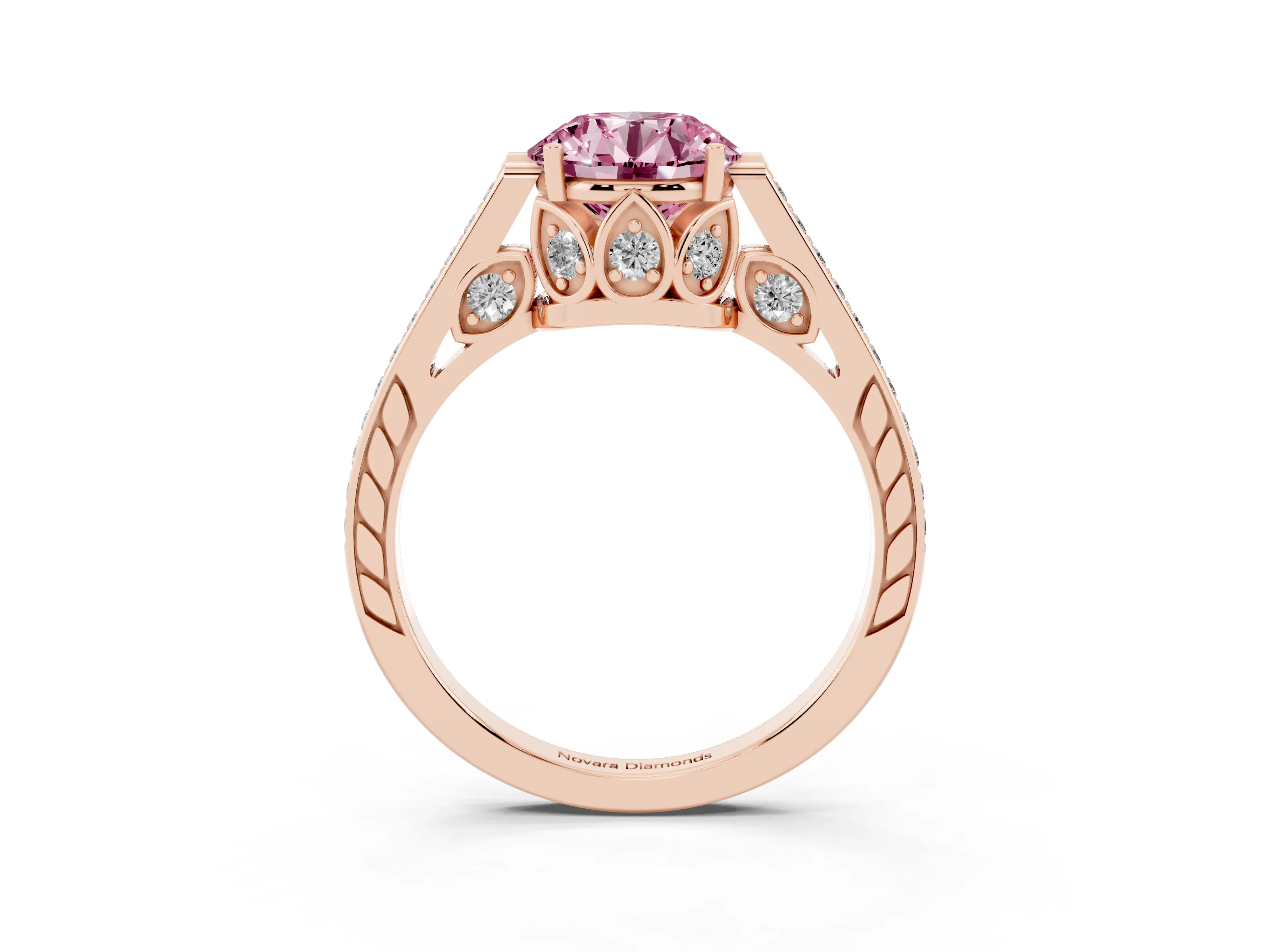 Fancy Pink Round Cut Diamond Cathedral Pavé Engagement Ring Set in Rose gold with Prong Setting