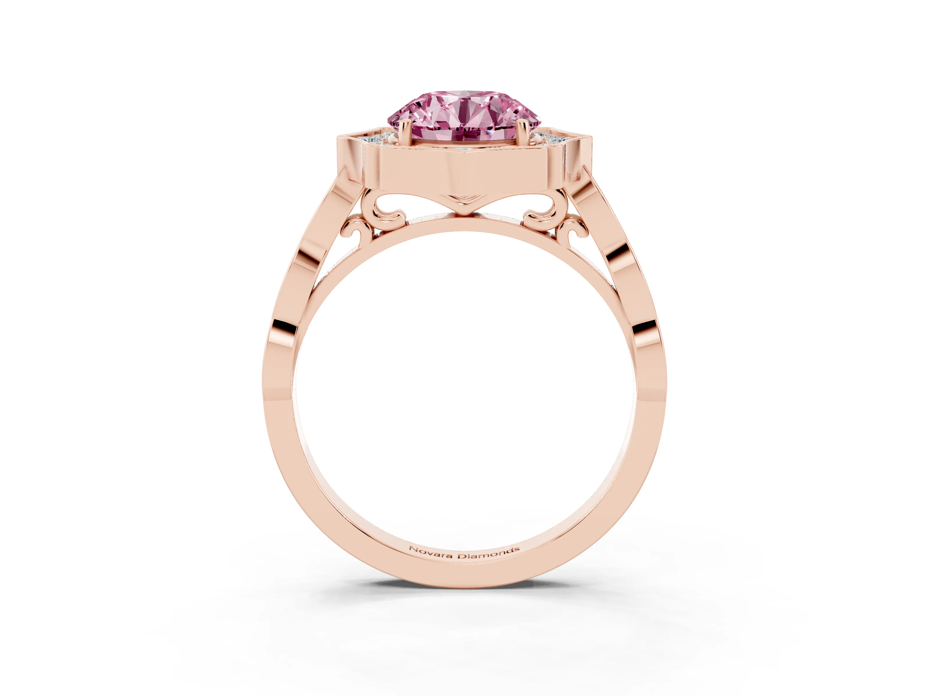 Fancy Pink Round Cut Diamond Halo Engagement Ring Set in Rose gold with Milgrain Band and Prong Setting