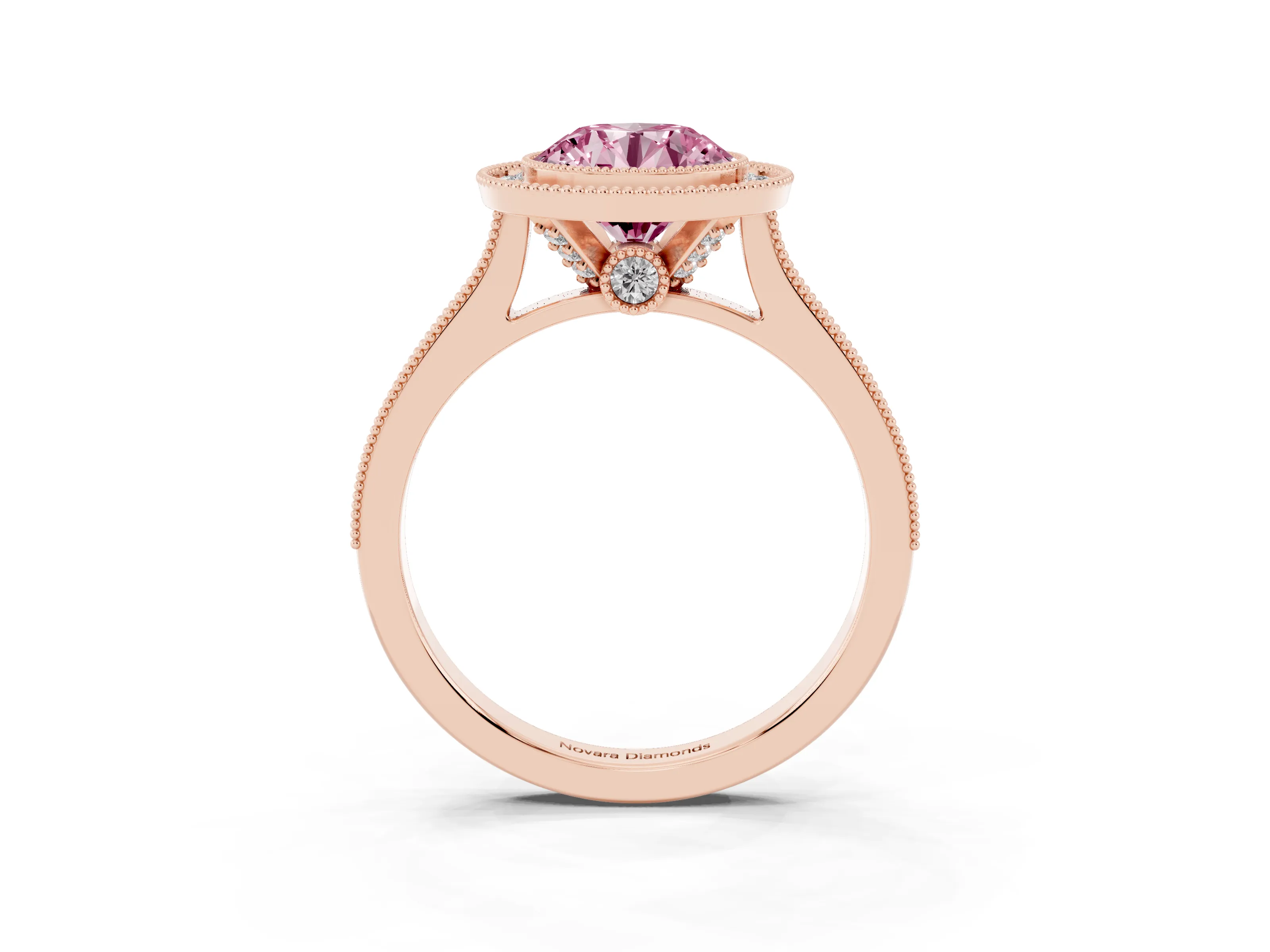 Fancy Pink Round Cut Diamond Halo Milgrain Pavé Band Ring Set in Rose gold with Prong Setting