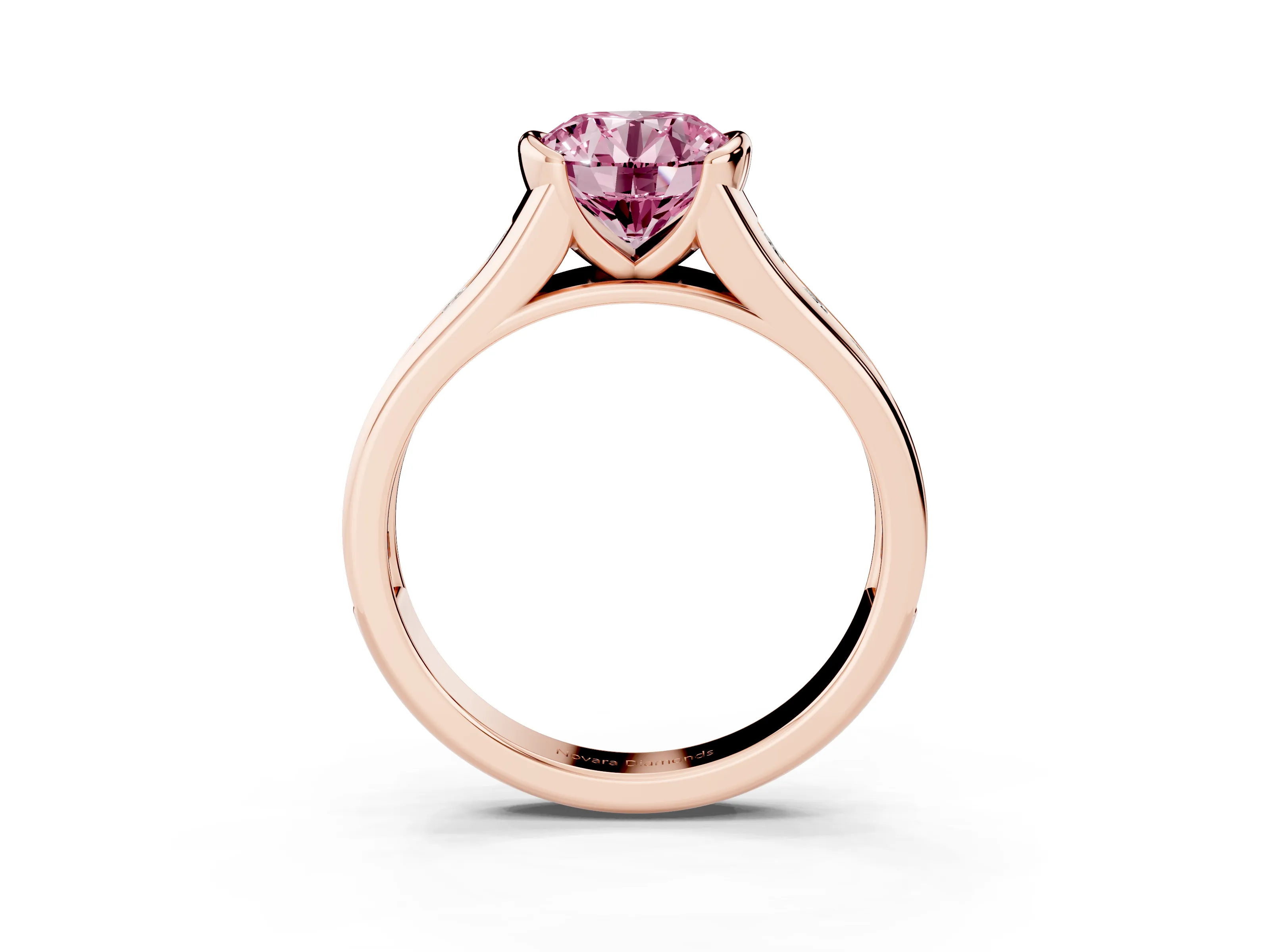 Fancy Pink Round Cut Diamond Bezel-Set Solitaire Ring Set in Rose gold with Channel-Set Band
