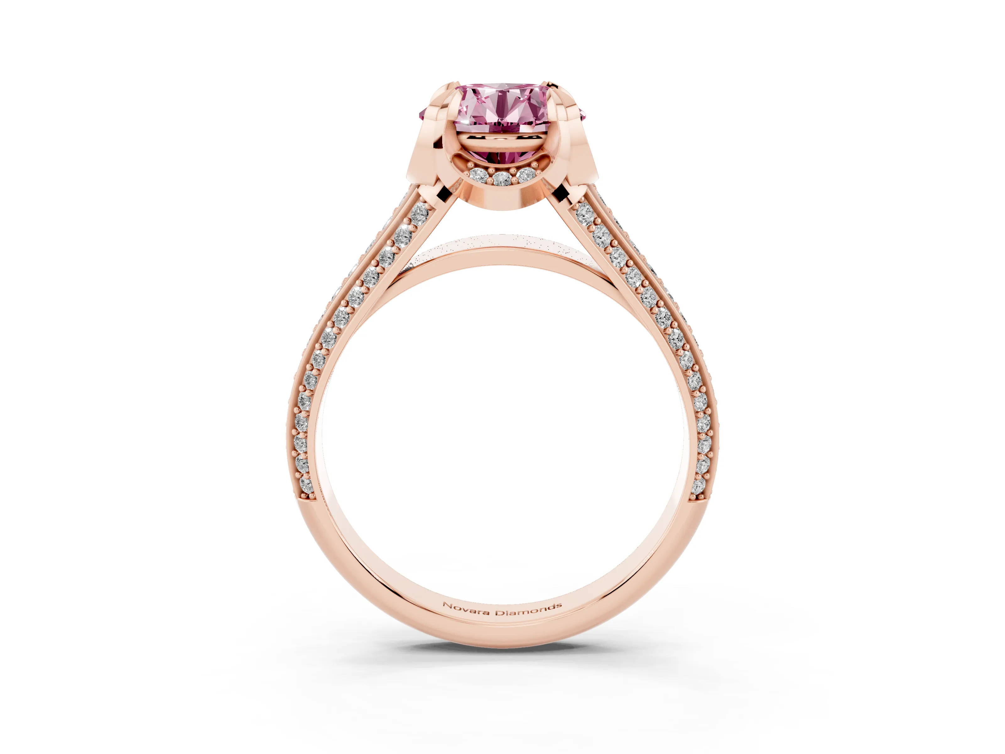 Fancy Pink Round Cut Diamond Pavé Split Shank Solitaire Ring Set in Rose gold with Prong Setting