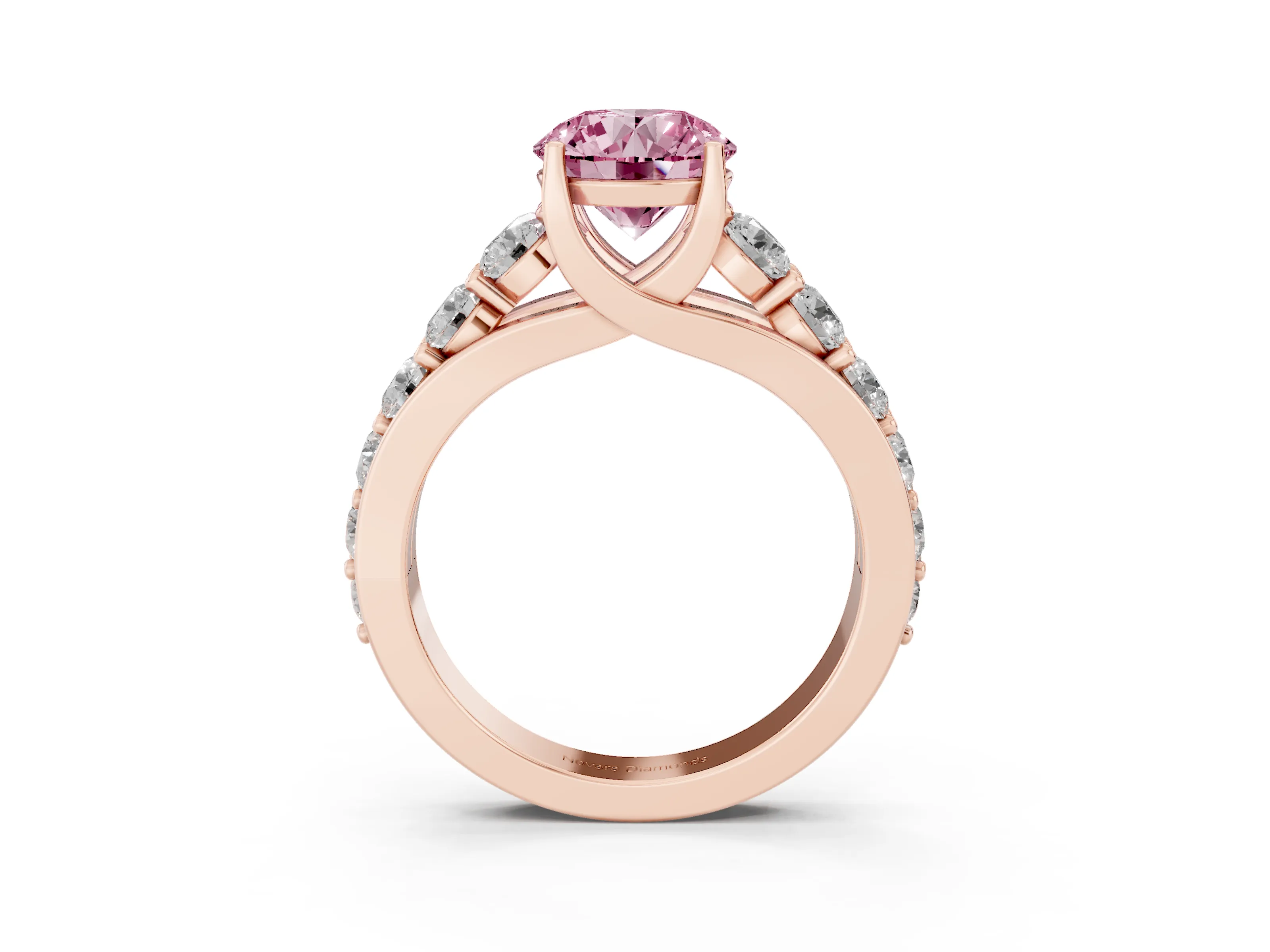 Fancy Pink Round Cut Diamond Pavé Engagement Ring Set in Rose gold with Prong Setting
