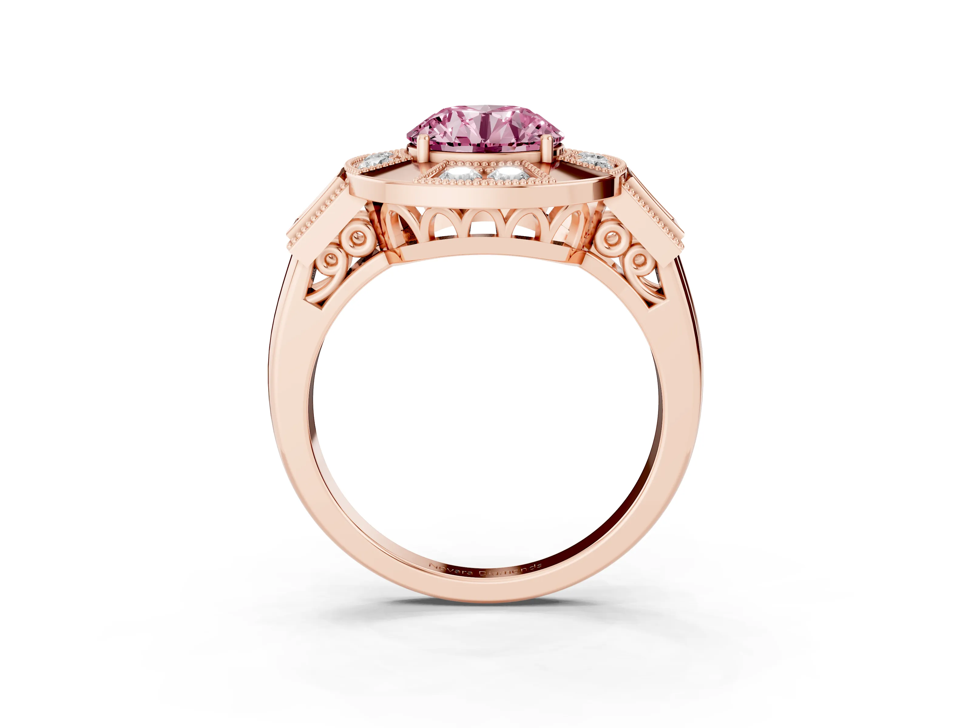 Fancy Pink Round Cut Diamond Milgrain Halo Ring Set in Rose gold with Split Shank