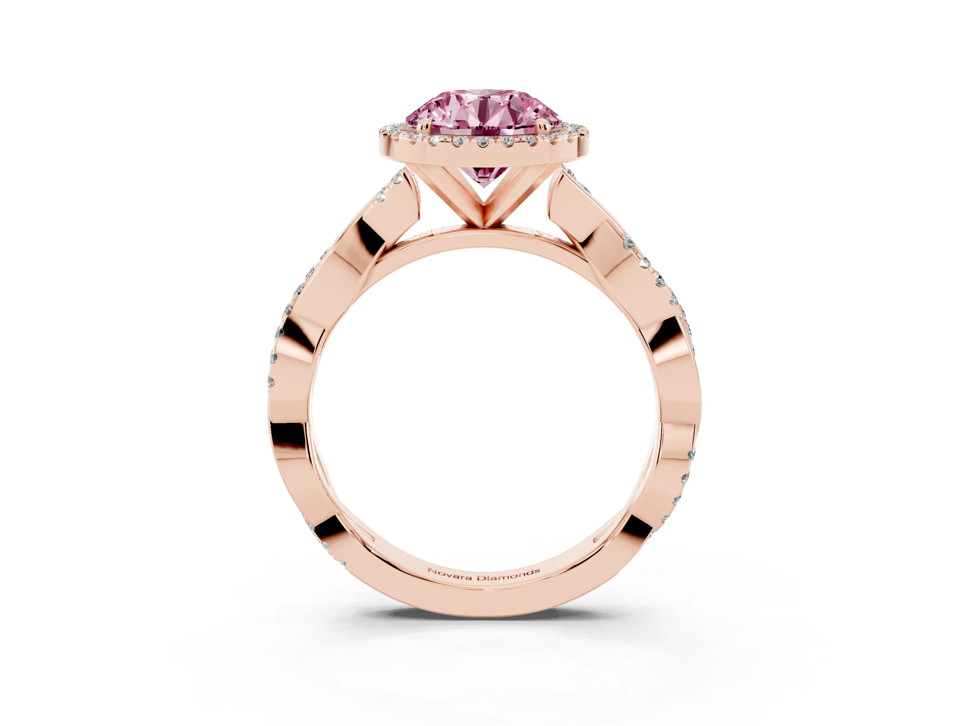 Fancy Pink Round Cut Diamond Halo Twisted Band Ring Set in Rose gold with Prong Setting