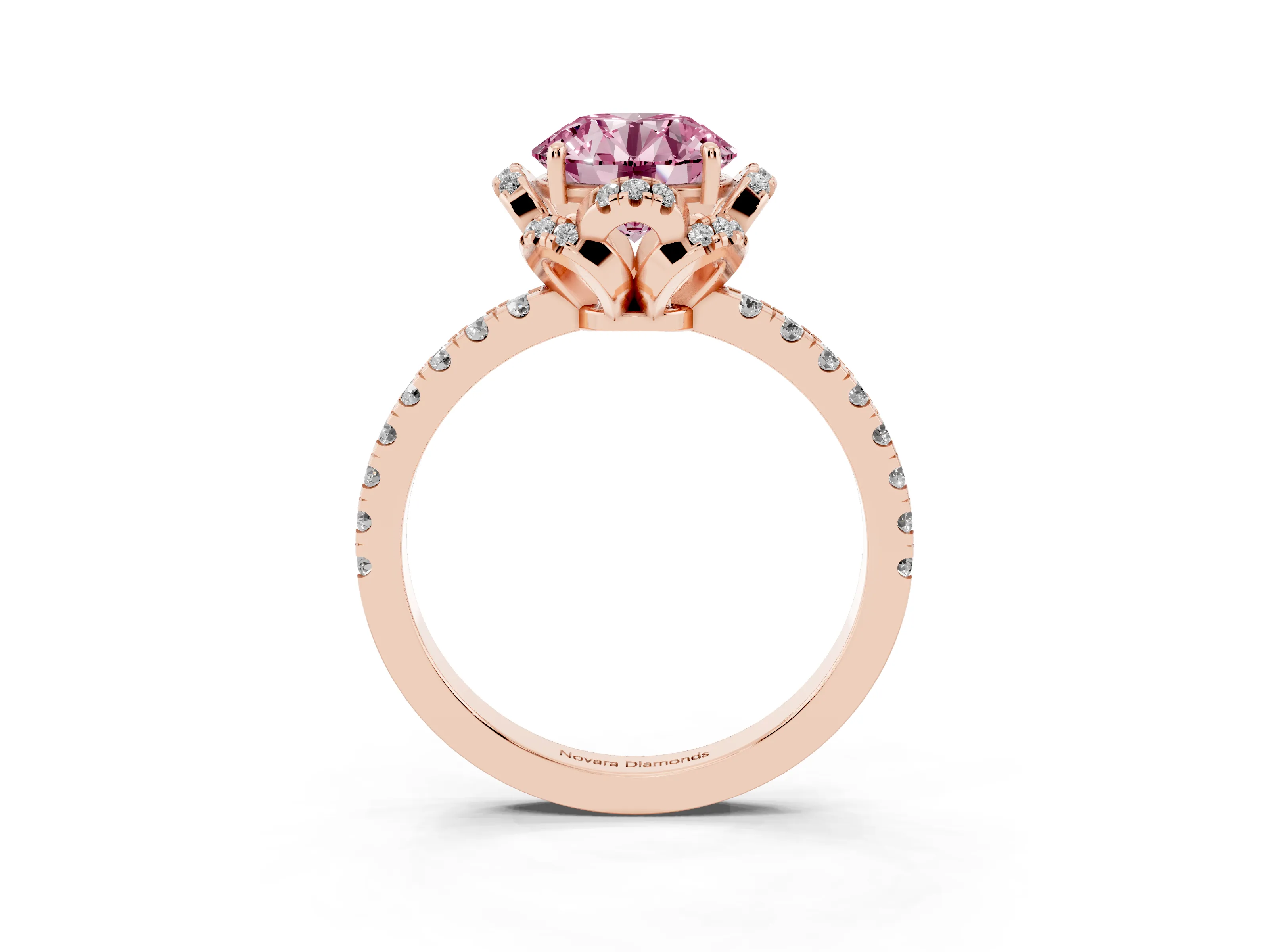 Fancy Pink Round Cut Diamond Halo Pavé Band Ring Set in Rose gold with Prong-Held Center
