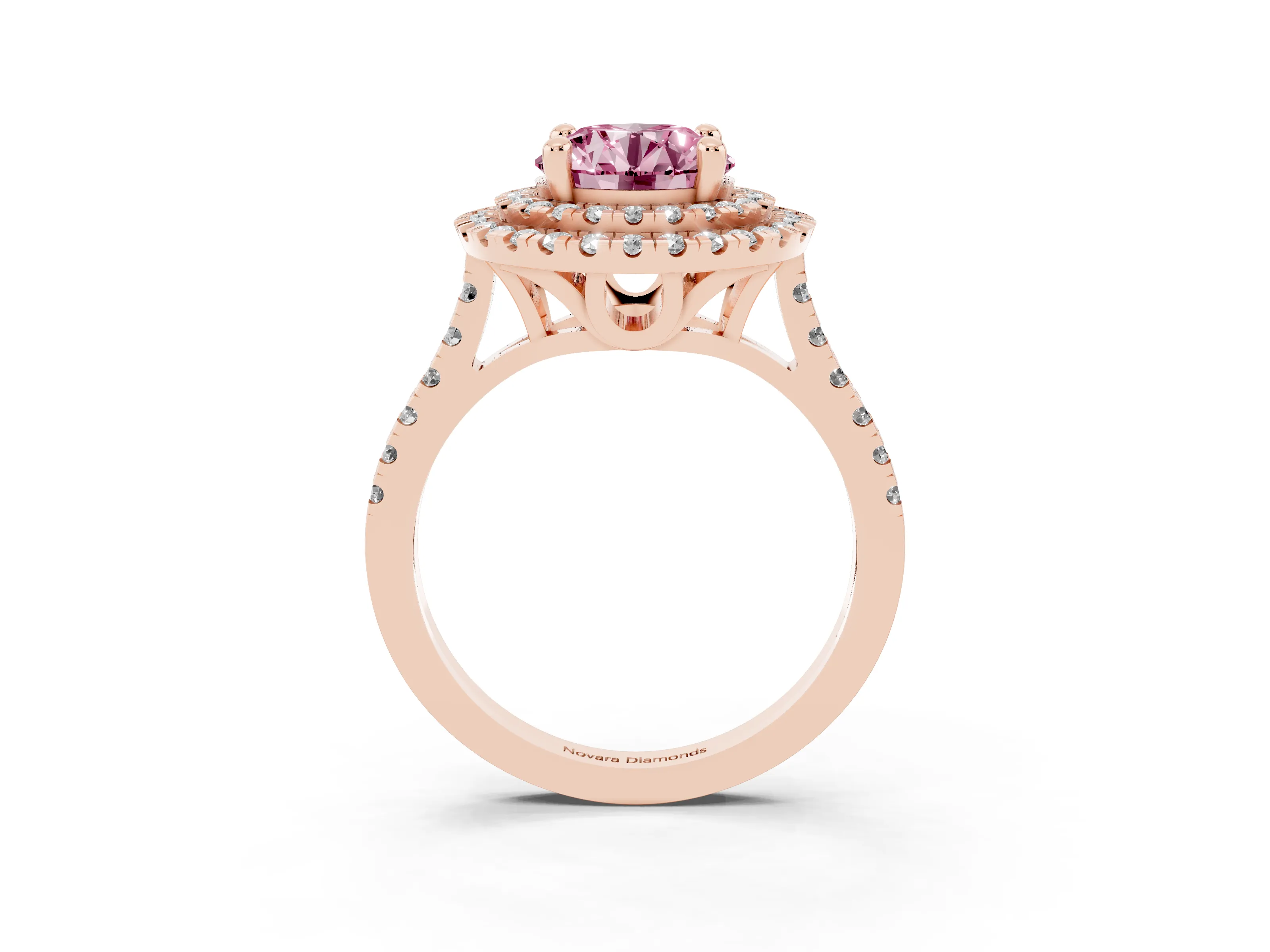 Fancy Pink Round Cut Diamond Double Halo Statement Ring Set in Rose gold with Pavé Band