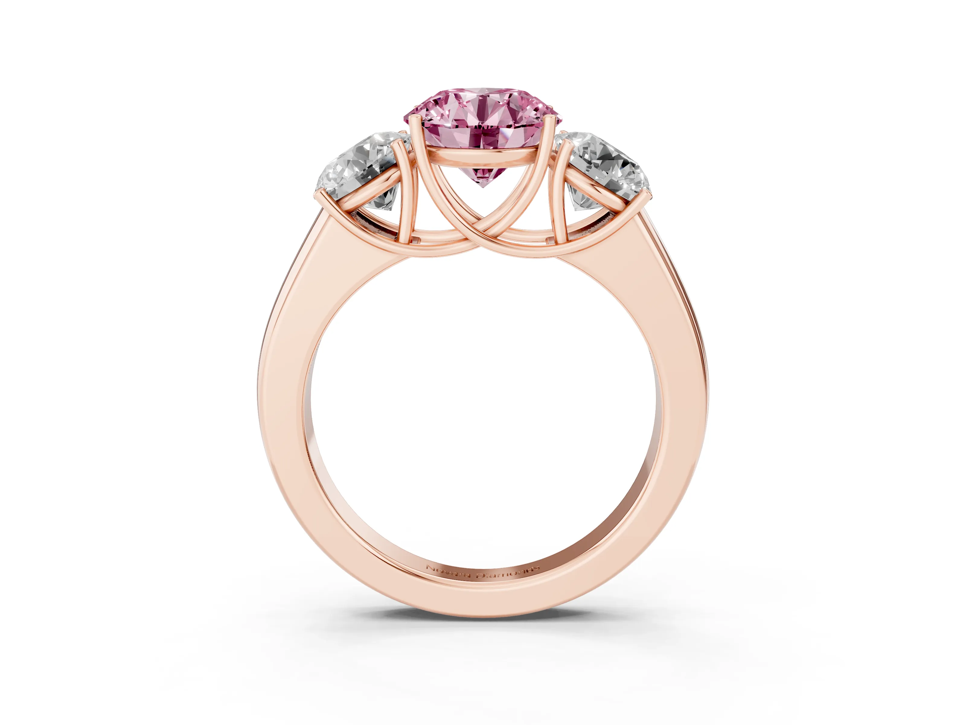 Fancy Pink Three-Stone Round Cut Diamond Ring Set in Rose gold with Matching Prong Settings and Plain Band