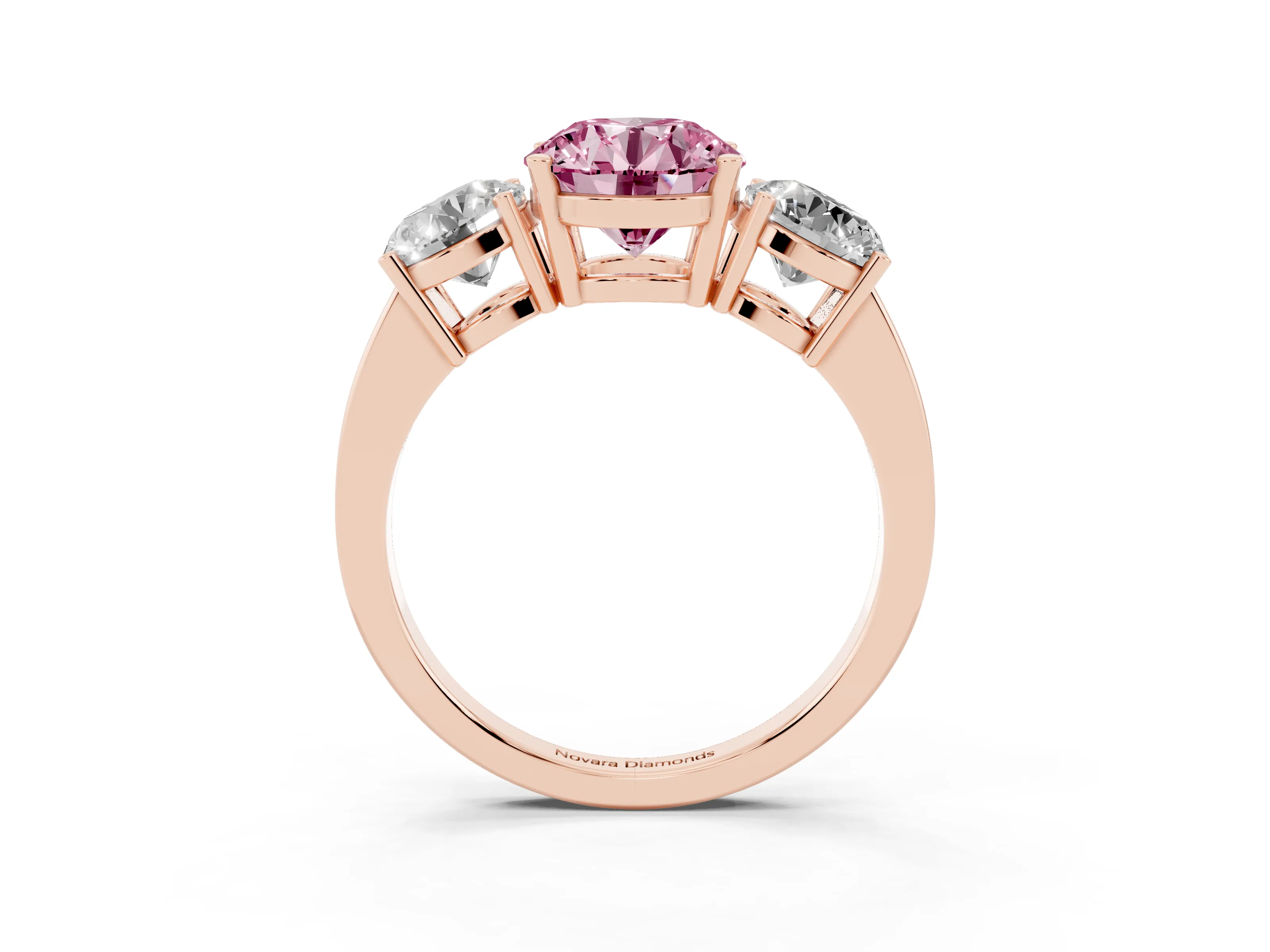 Fancy Pink Round Cut Diamond Three-Stone Engagement Ring Set in Rose gold with Flat Band