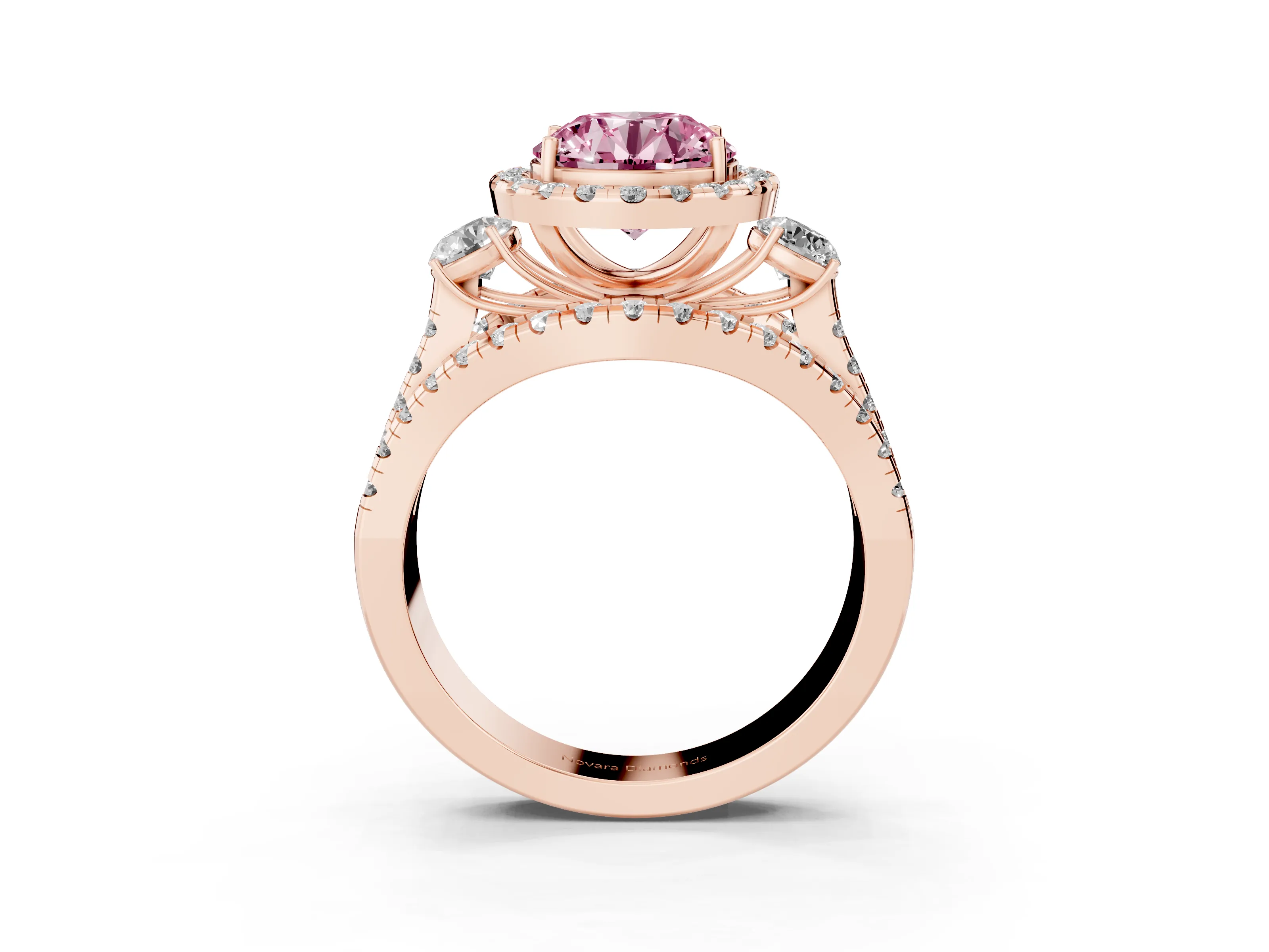 Fancy Pink Round Cut Diamond Halo Split Shank Ring Set in Rose gold with Round Accent Stones and Prong Setting