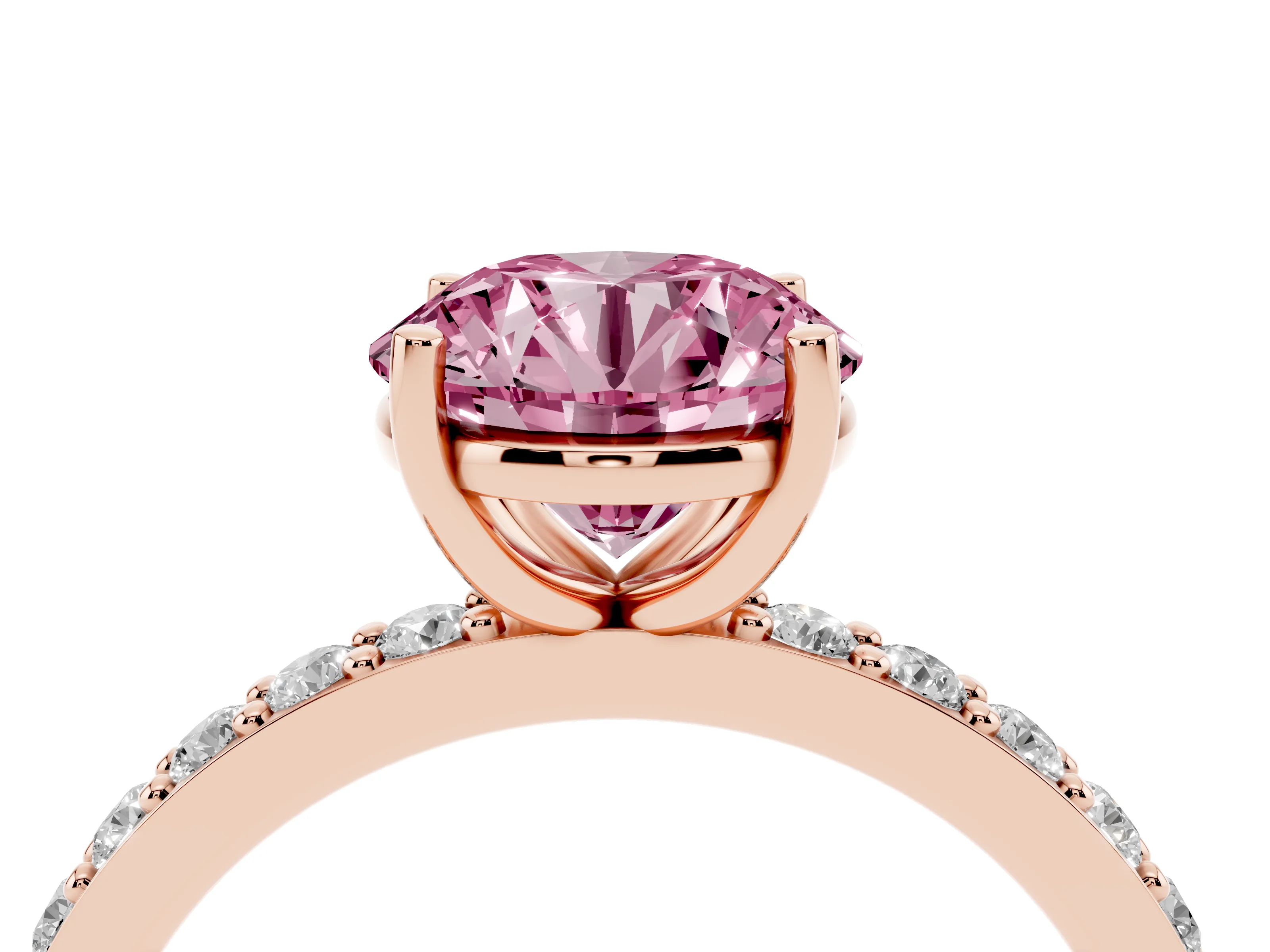 Fancy Pink Round Cut Diamond Solitaire Set in Rose gold with Round Pavé Band and Prong Setting