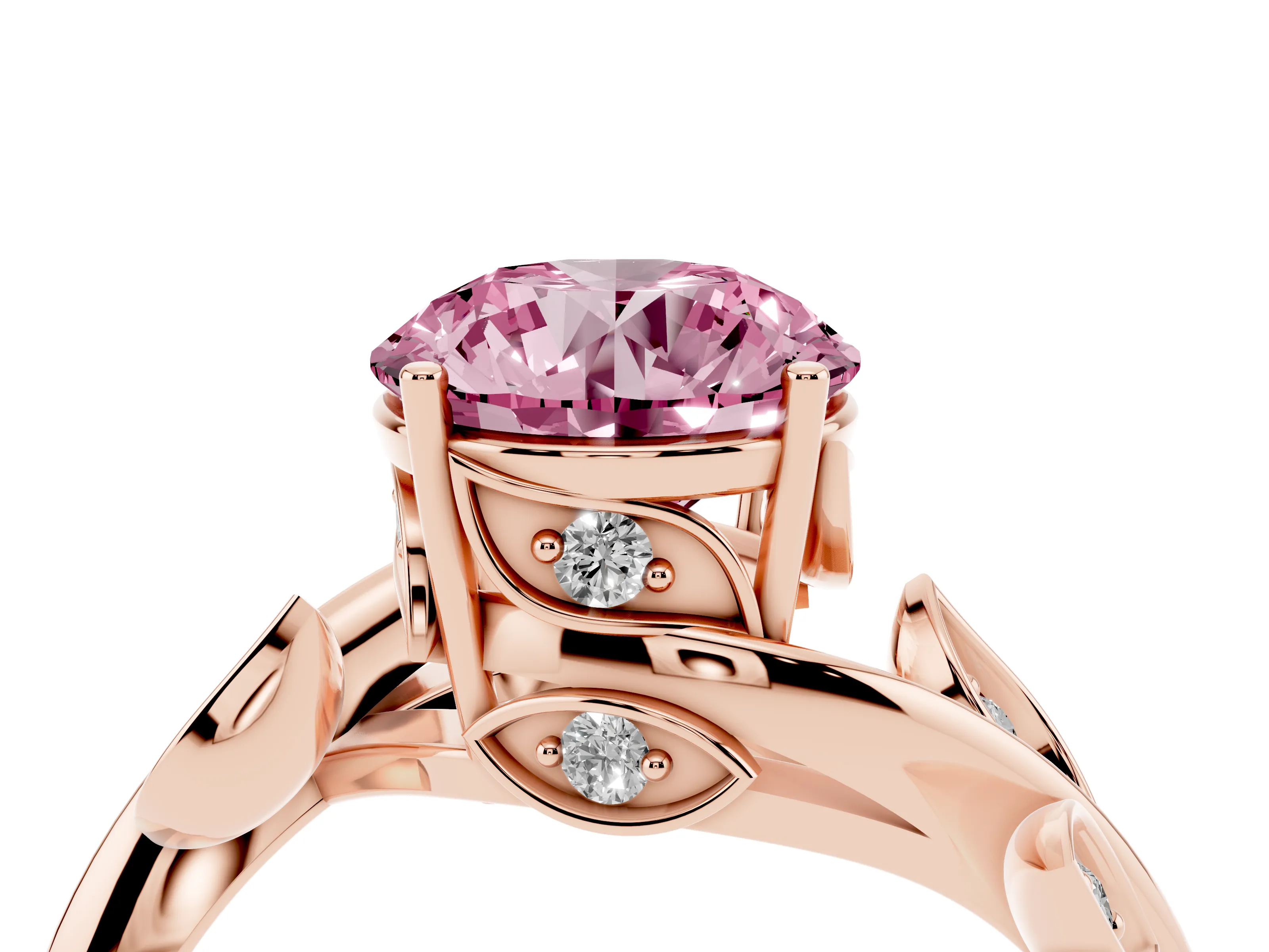 Fancy Pink Round Cut Diamond Solitaire Twist Engagement Ring Set in Rose gold with Pavé Leaf Accents
