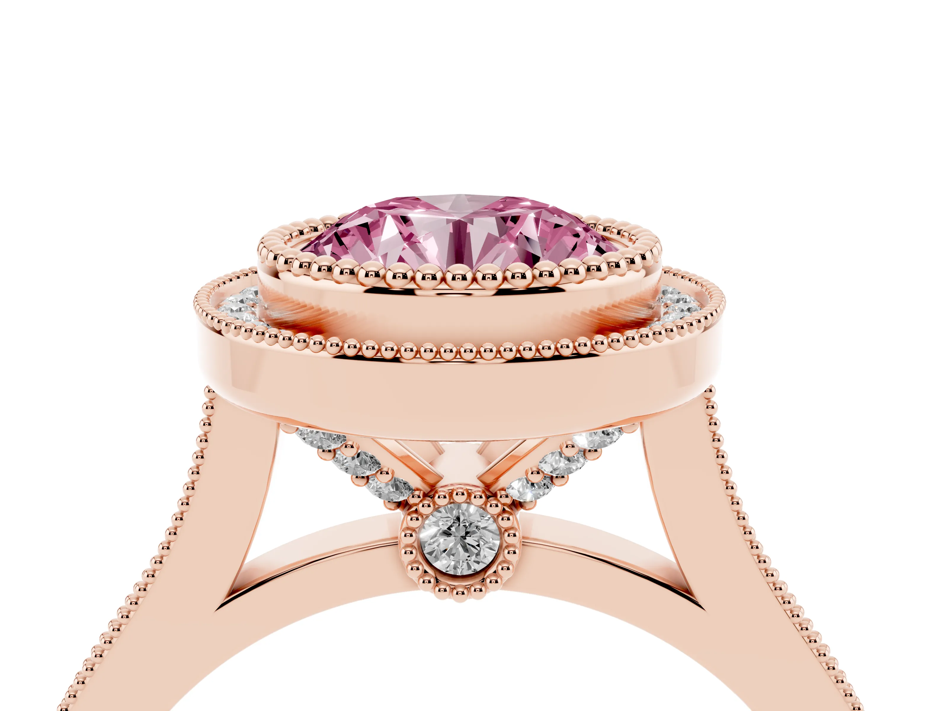 Fancy Pink Round Cut Diamond Halo Ring Set in Rose gold with Milgrain Frame and Pavé Band