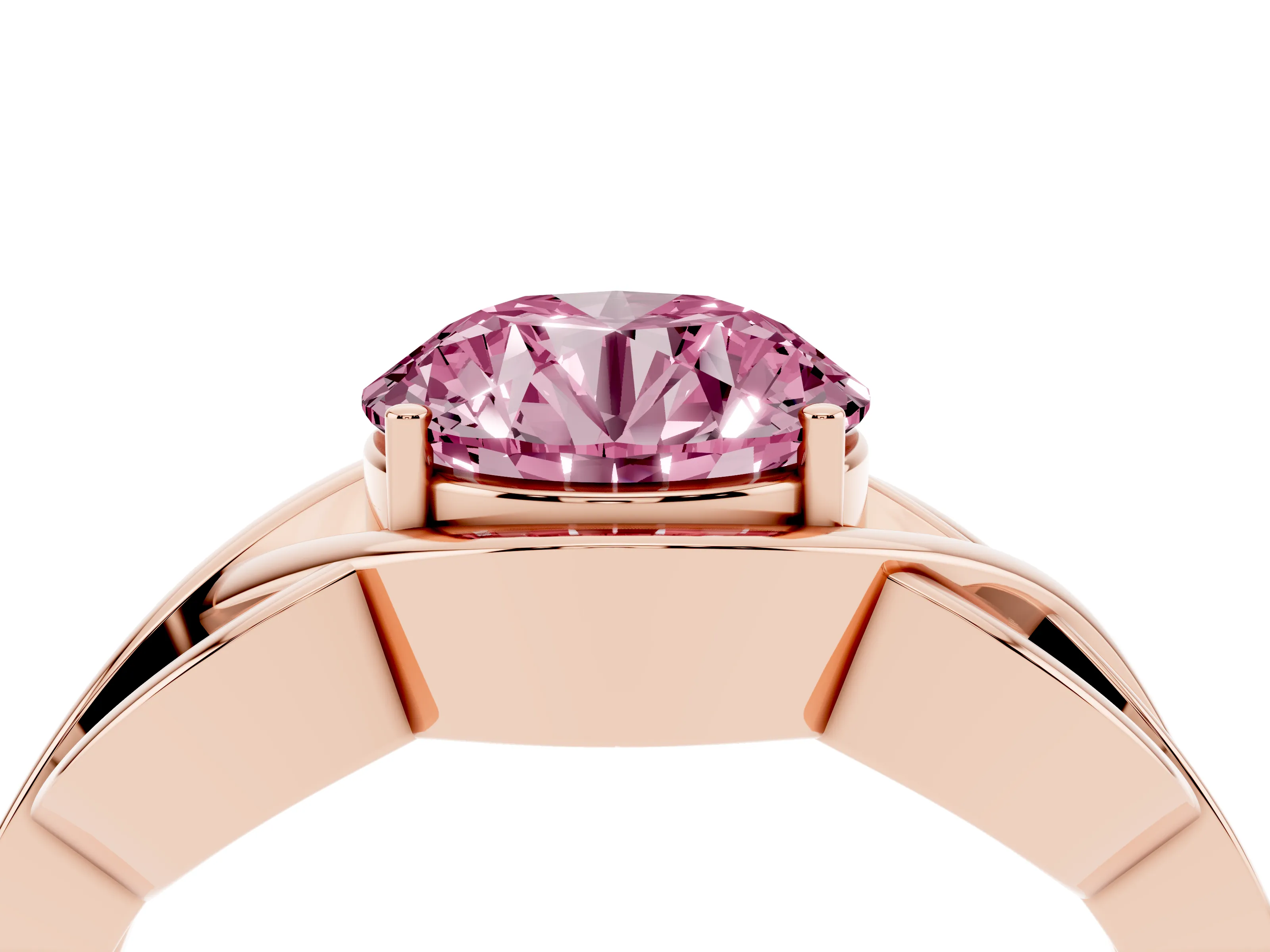 Fancy Pink Round Cut Diamond Solitaire Ring Set in Rose gold with Intertwined Band