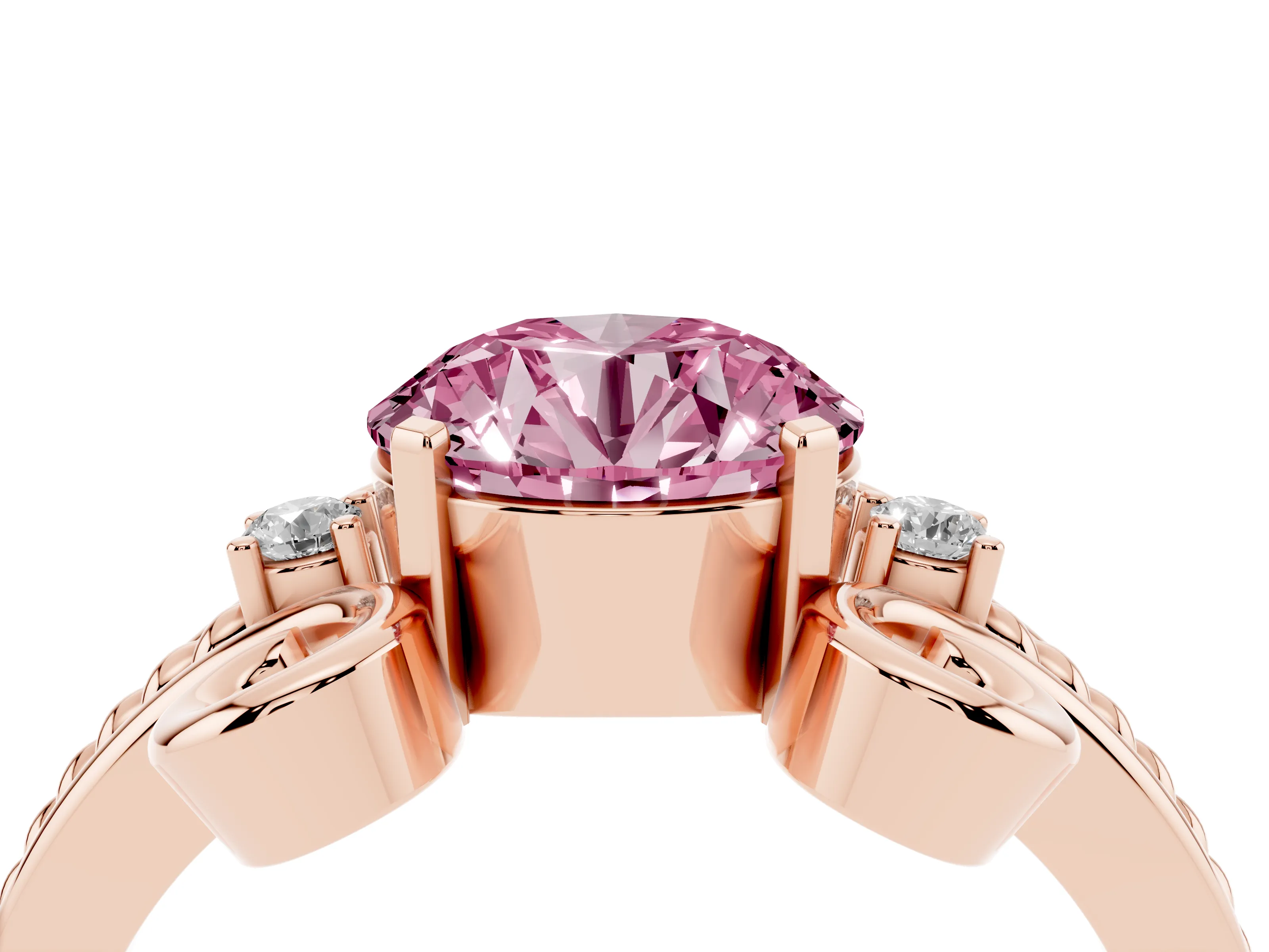 Fancy Pink Round Cut Diamond Twisted Band Solitaire Ring Set in Rose gold with Scroll Prongs