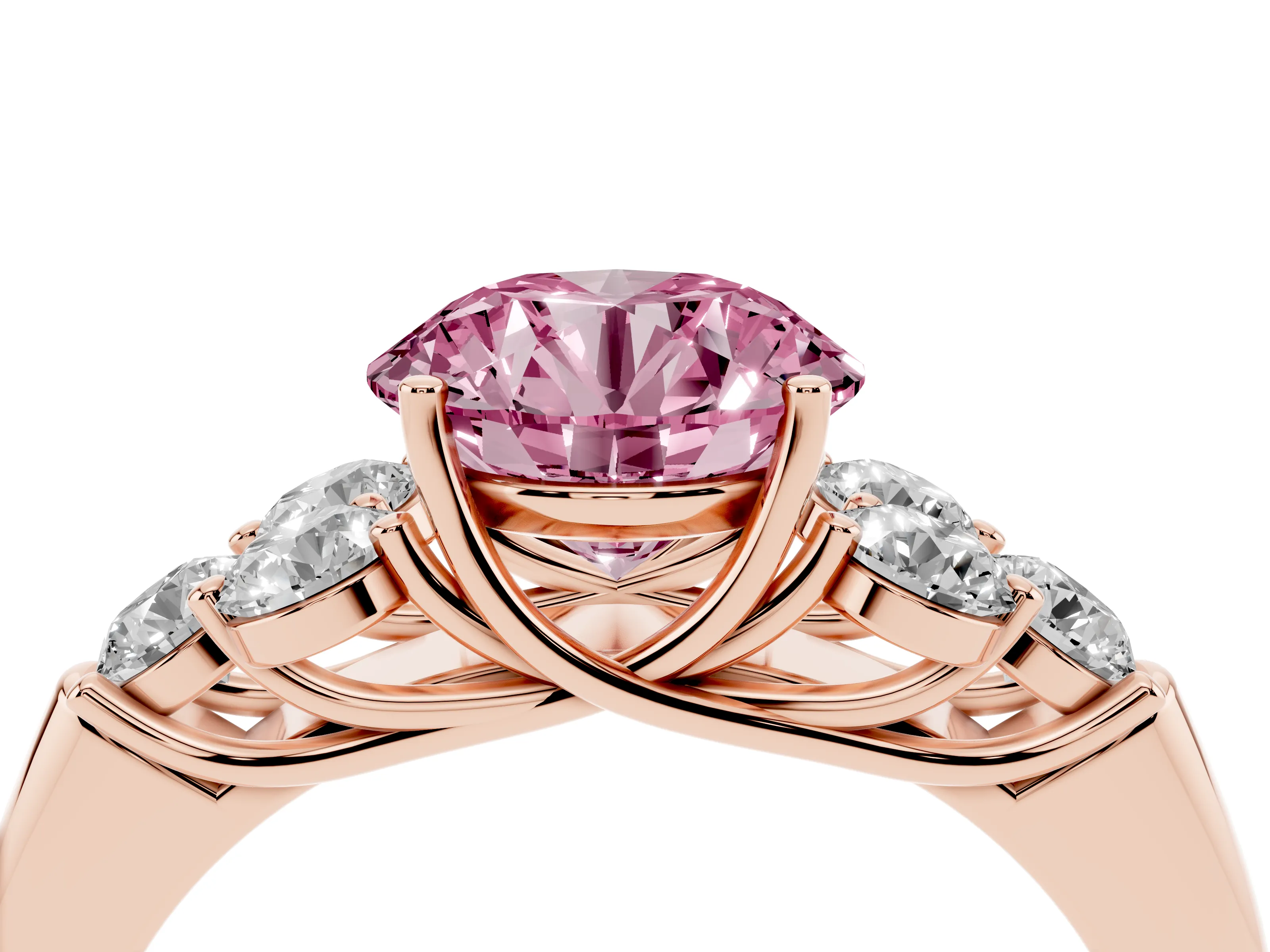 Fancy Pink Round Cut Diamond Cluster Ring Set in Rose gold with Round Accent Stones and Prong Setting on a Plain Band