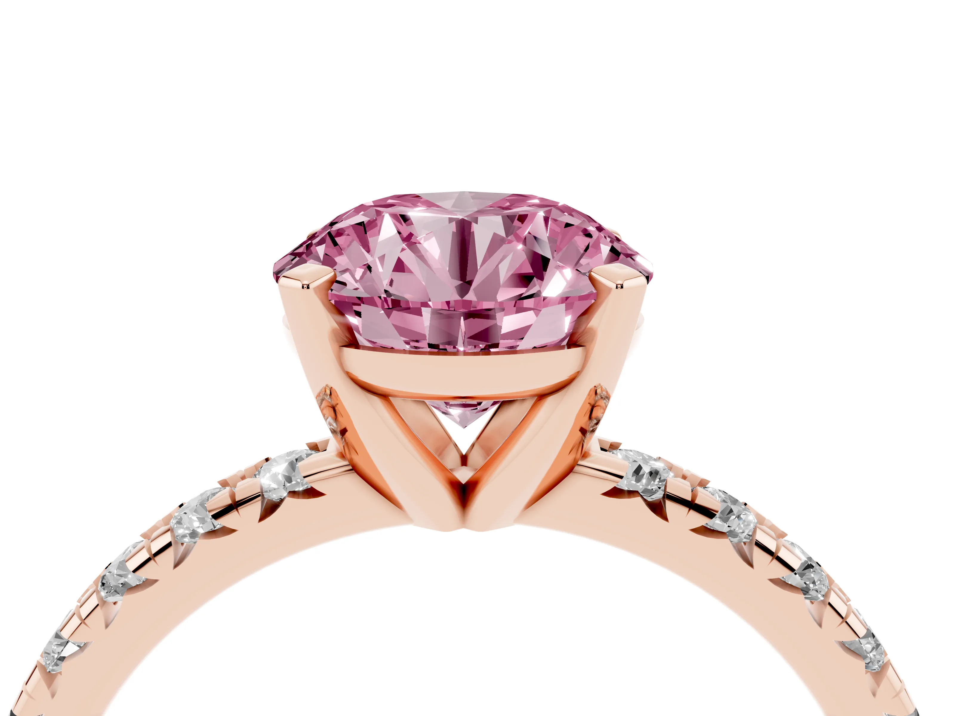 Fancy Pink Round Cut Diamond Solitaire Pavé Engagement Ring Set in Rose gold with Round Band and Prong Setting